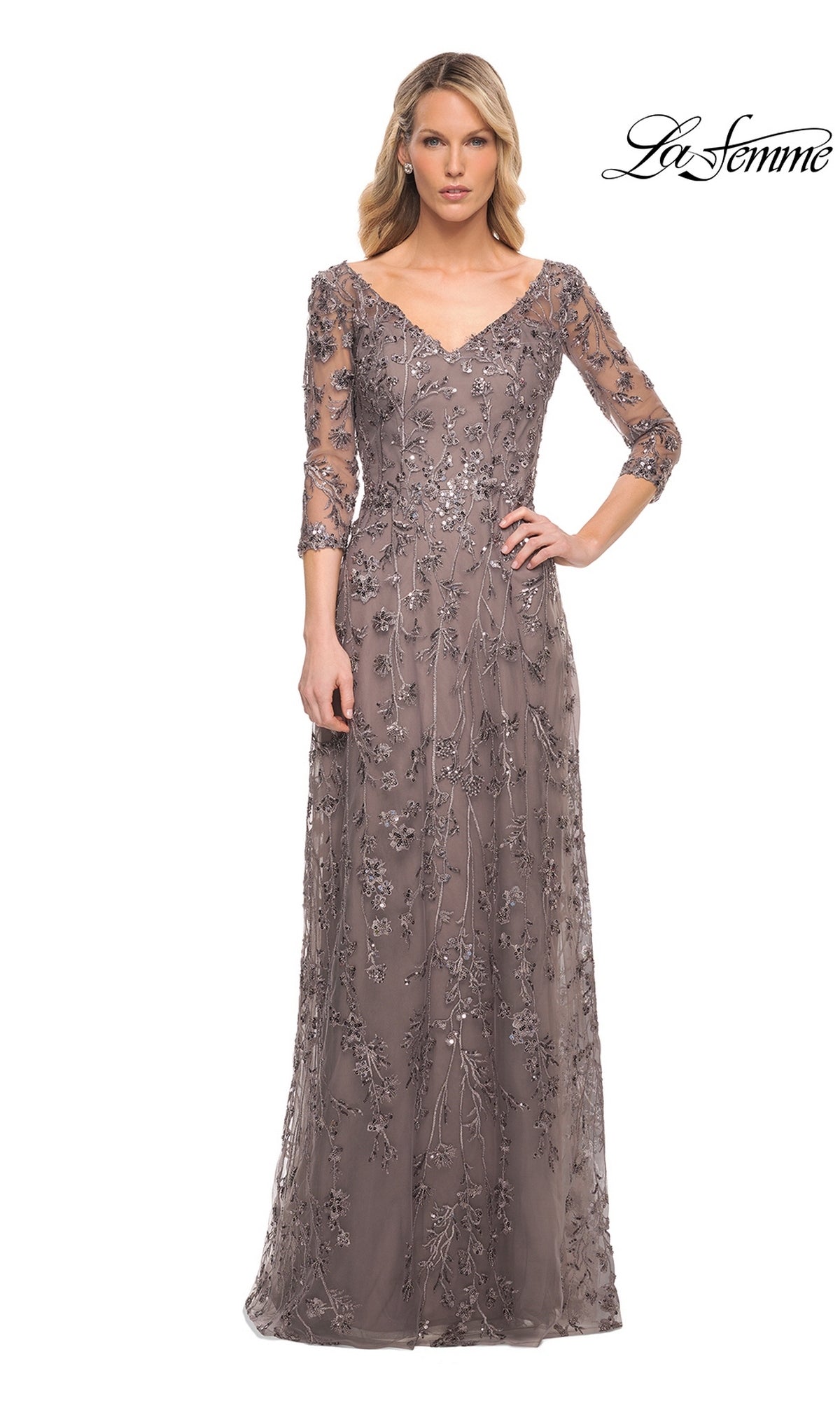 Long Formal Dress: La Femme 29994 in gunmetal gray, featuring a V-neck, three-quarter sheer sleeves, and sequined floral embroidery.