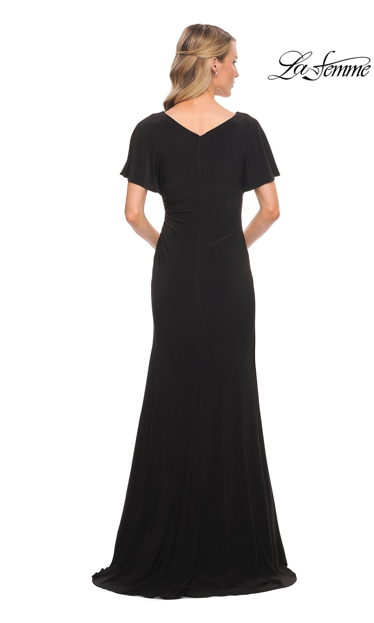 Back view of the Long Formal Dress: La Femme 29997, a floor-length black jersey gown featuring a V-neckline and short, flared sleeves.