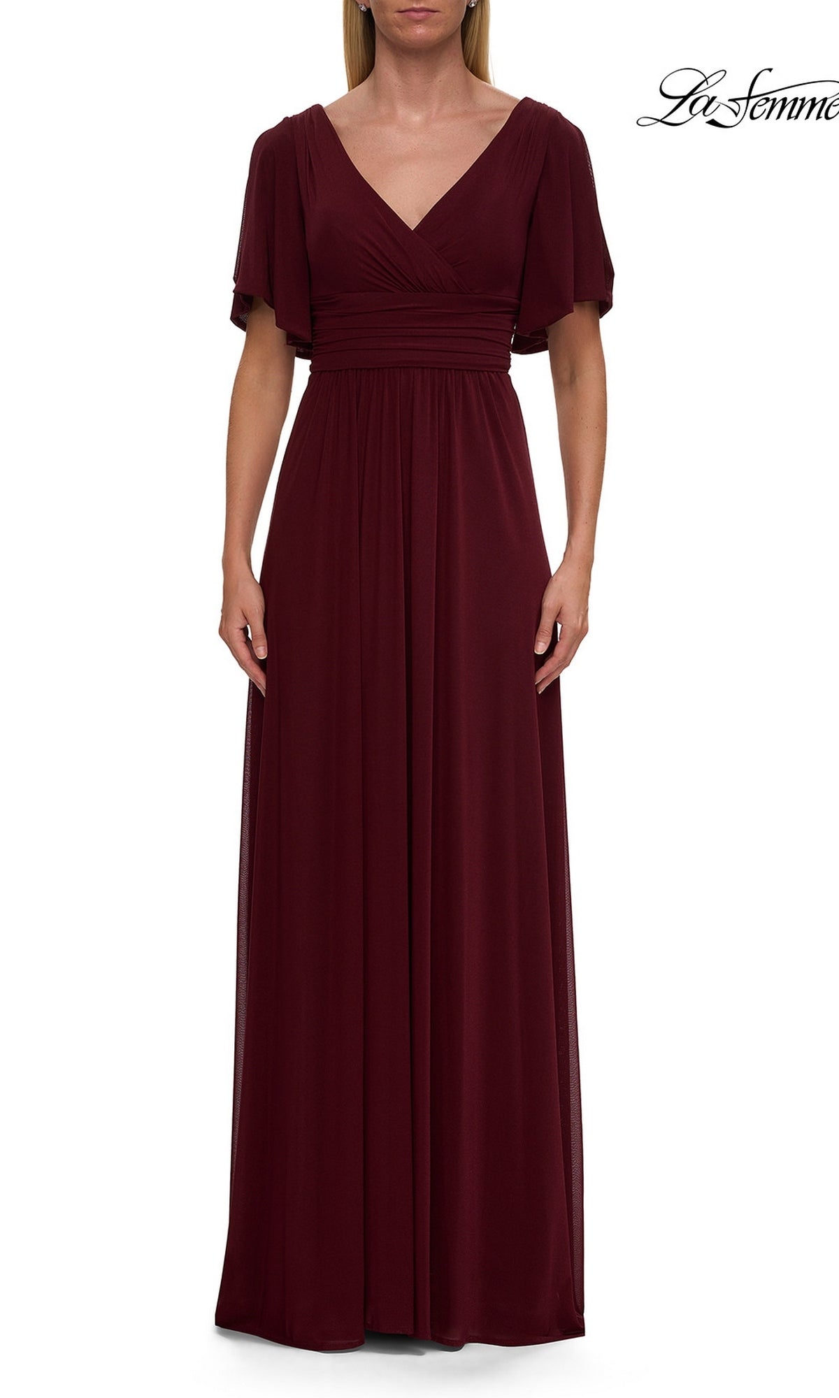 A woman wears the La Femme 30009 Split-Sleeve Long Formal Dress in wine, featuring a floor-length A-line silhouette with split sleeves and a V-neckline bodice, standing against a white background.
