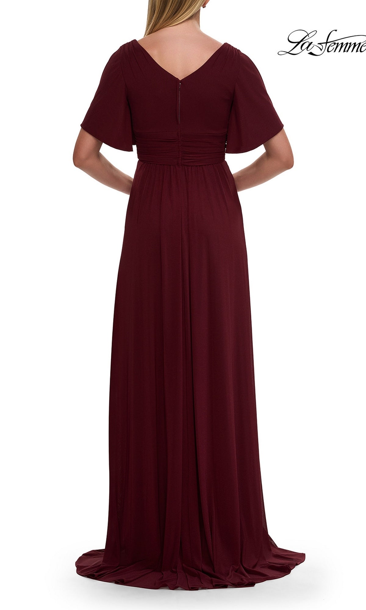 A woman wearing the La Femme 30009 Split-Sleeve Long Formal Dress stands with her back to the camera against a white background.