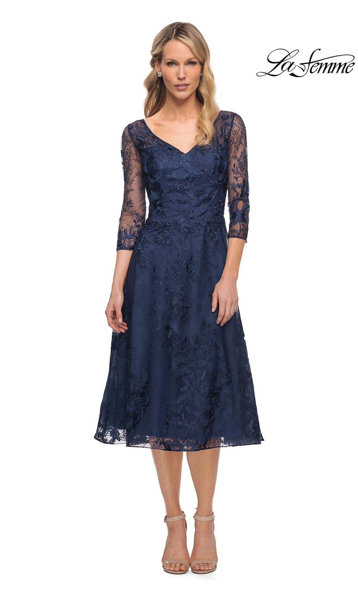 Navy Midi Wedding Guest Dress: La Femme 30016, a midi-length lace dress with a V-neckline, three-quarter length sleeves, and all-over floral embroidery.