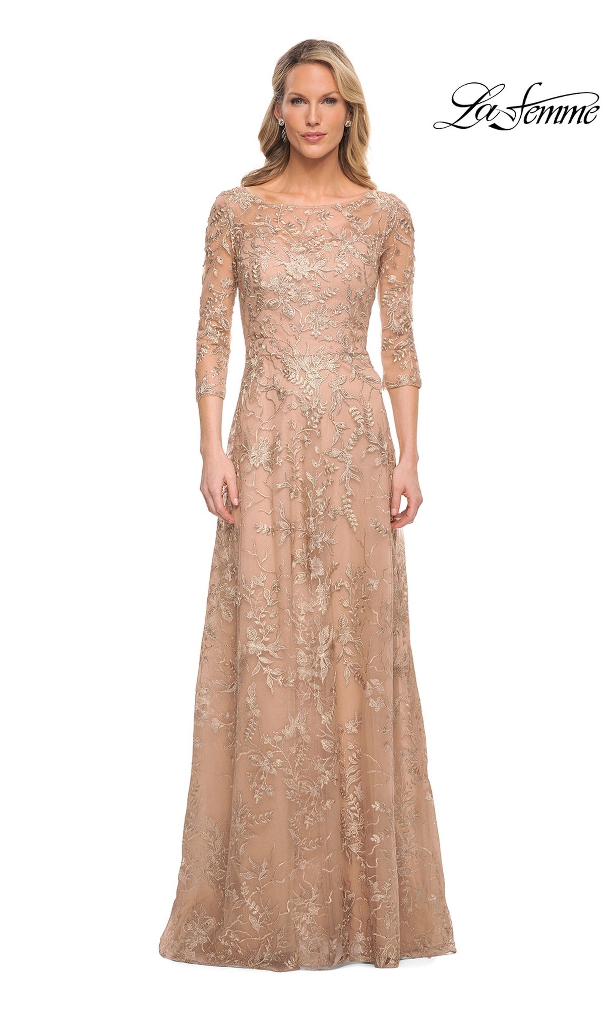 Light gold, floor-length La Femme 30021 formal dress with three-quarter sleeves and intricate floral lace embroidery.