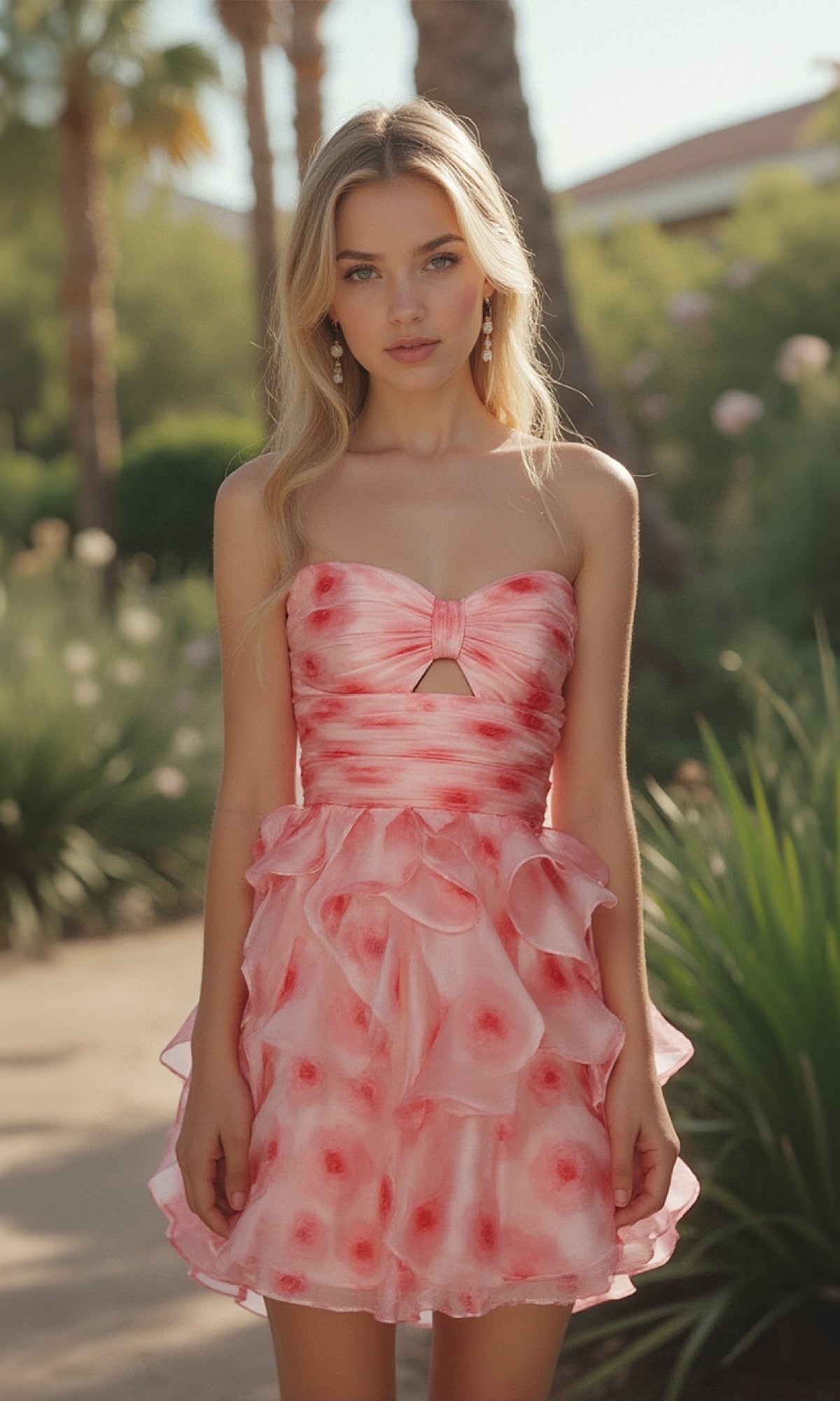 A young woman stands outdoors in the Alyce 30023 short homecoming dress, featuring ruffled layers and a floral pattern, surrounded by greenery and palm trees.
