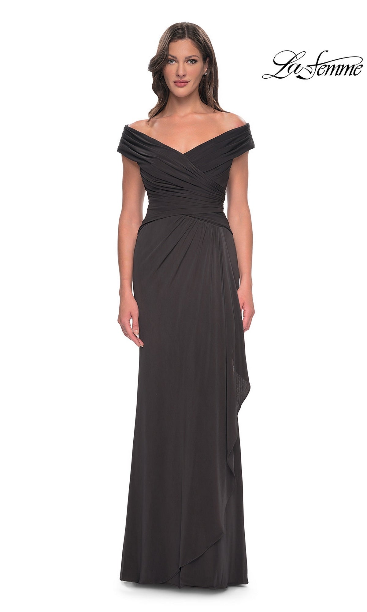 Woman wearing the Long Formal Dress: La Femme 30040 in gunmetal—an off-the-shoulder, v-neck, floor-length gown with gathered bodice and draped skirt. La Femme logo in upper right.