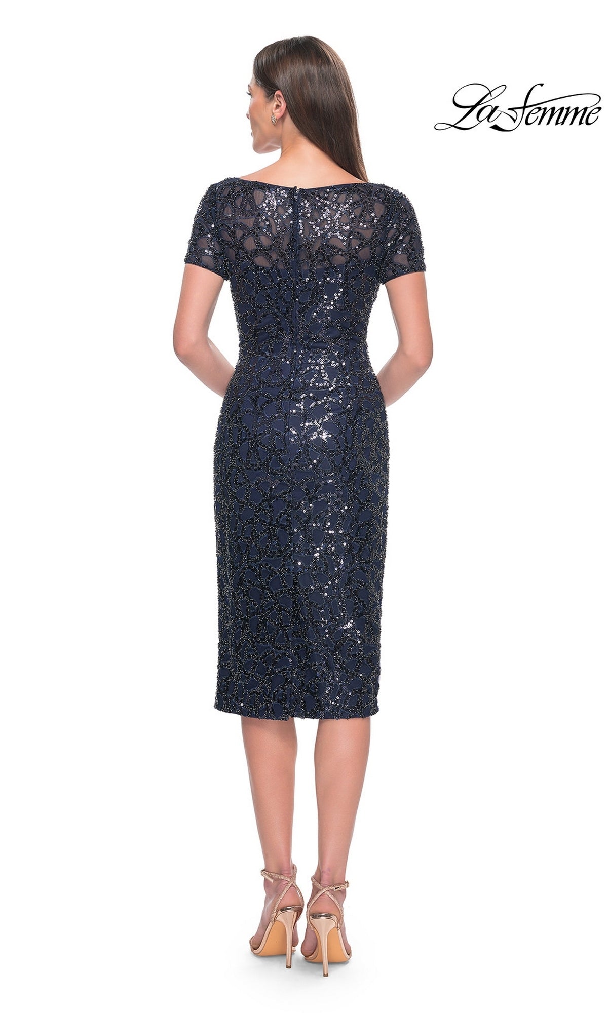 Back view of a navy Knee Length Wedding Guest Dress: La Femme 30043, featuring short sleeves, a sheer neckline, and all-over bead embellishment.