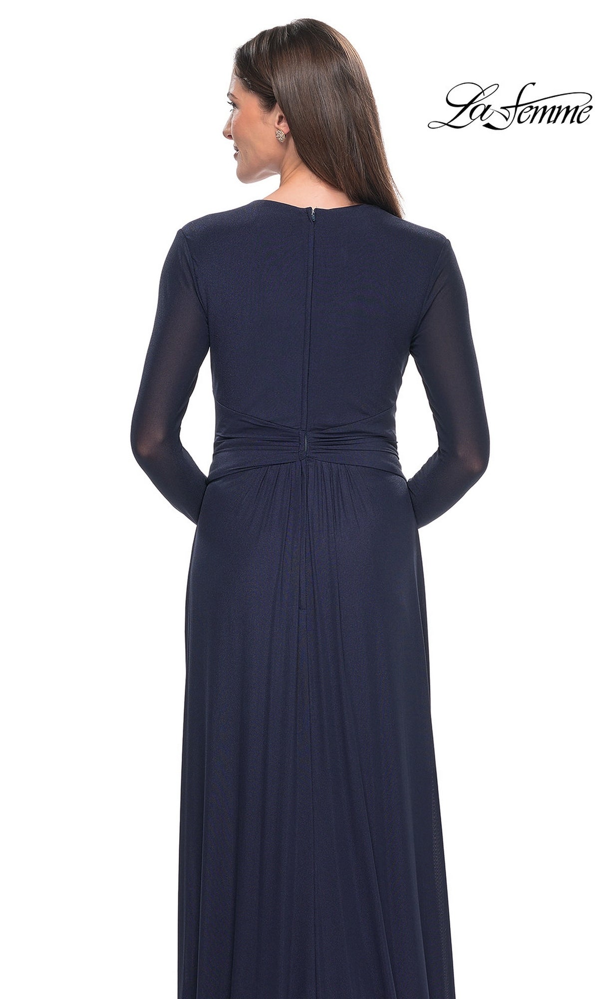 Back view of the Long Formal Dress: La Femme 30048, a floor-length, long-sleeved navy modest formal dress with a gathered waist.