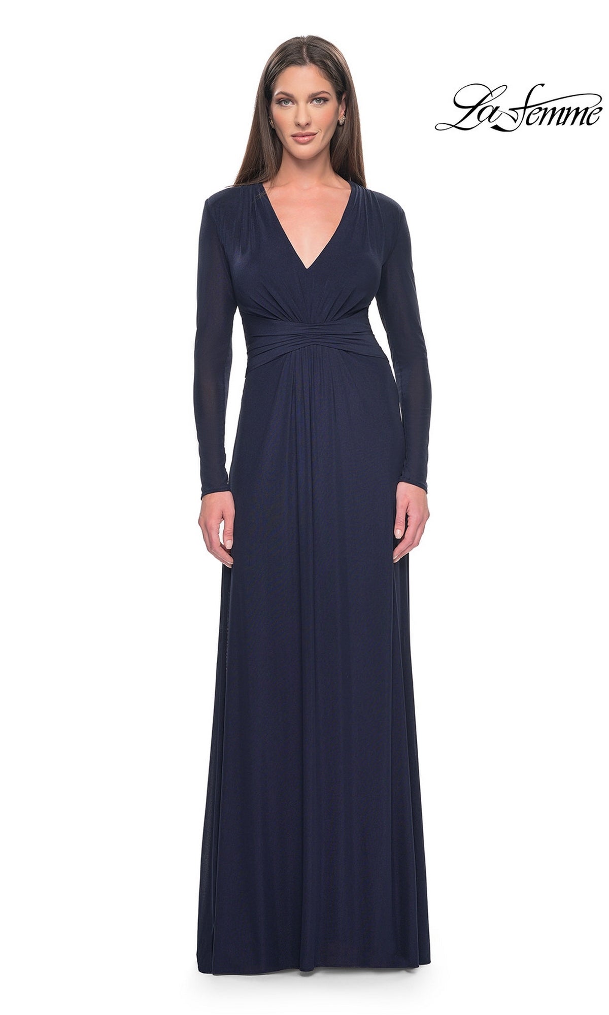 La Femme 30048 navy blue floor-length formal dress with long sleeves, a V-neckline, and a gathered waist.