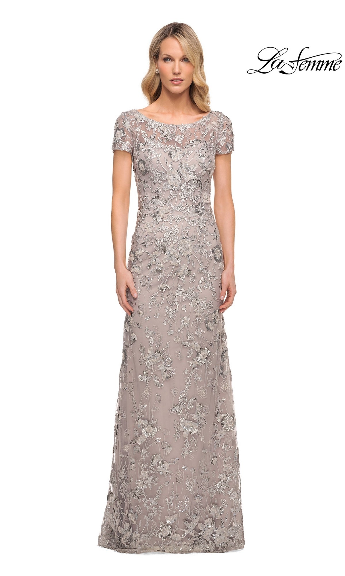 A floor-length, short-sleeved La Femme 30053 formal dress in a lavender-gray hue with an all-over floral sequin and bead overlay.