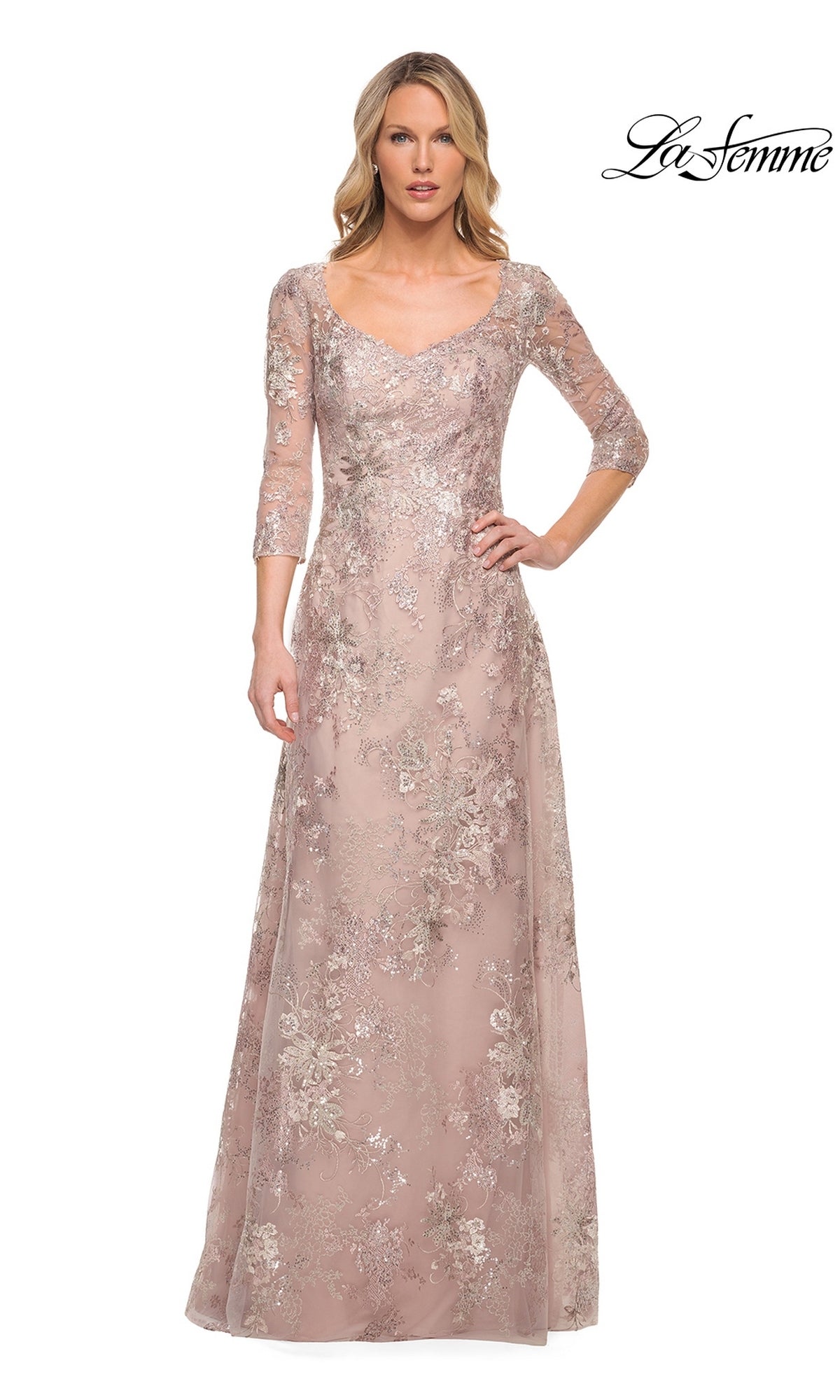La Femme 30054 mauve, floor-length mother of the bride dress featuring three-quarter sleeves and an embroidered floral metallic lace overlay.