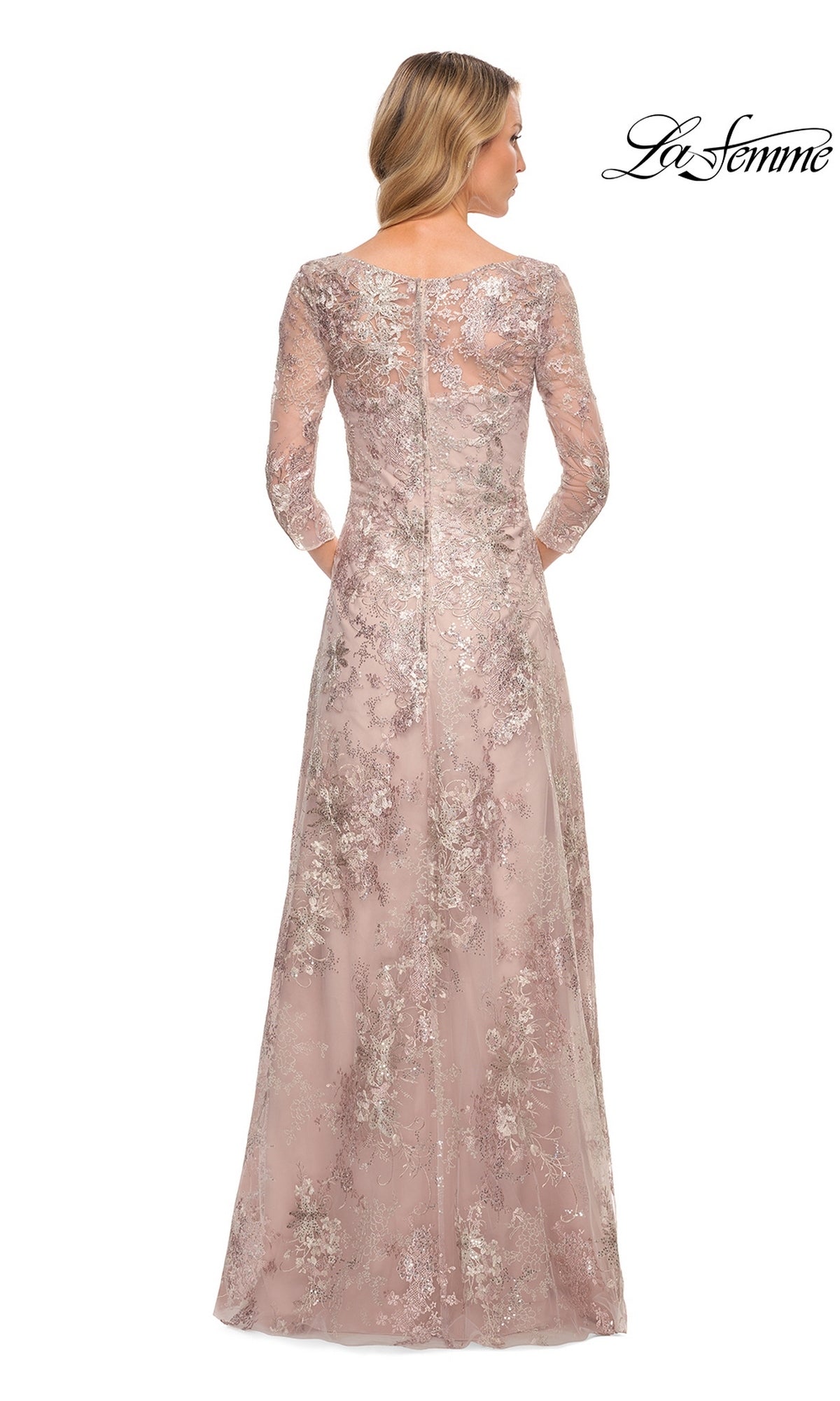 Back view of the Long Formal Dress: La Femme 30054, a floor-length, mauve metallic lace gown featuring three-quarter sleeves and floral embroidery.