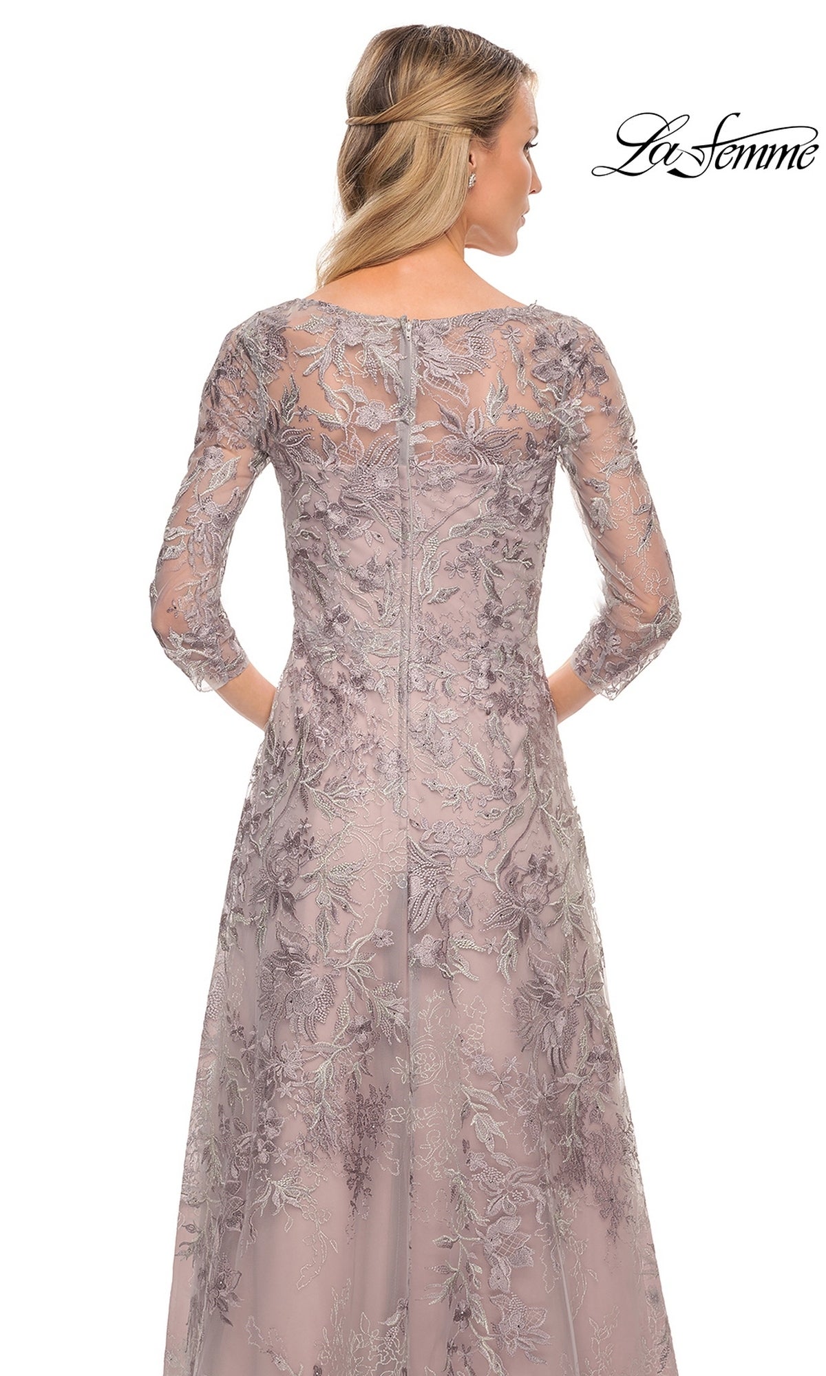 Back view of a mauve floor-length La Femme 30078 formal dress featuring three-quarter sleeves and floral lace embroidery.