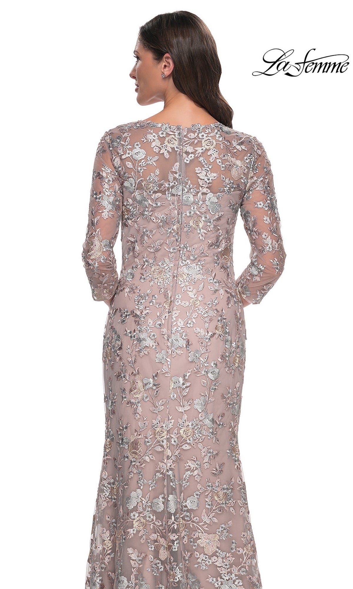 Back view of the Long Formal Dress: La Femme 30081, a floor-length mauve lace gown featuring silver and beige floral embroidery.