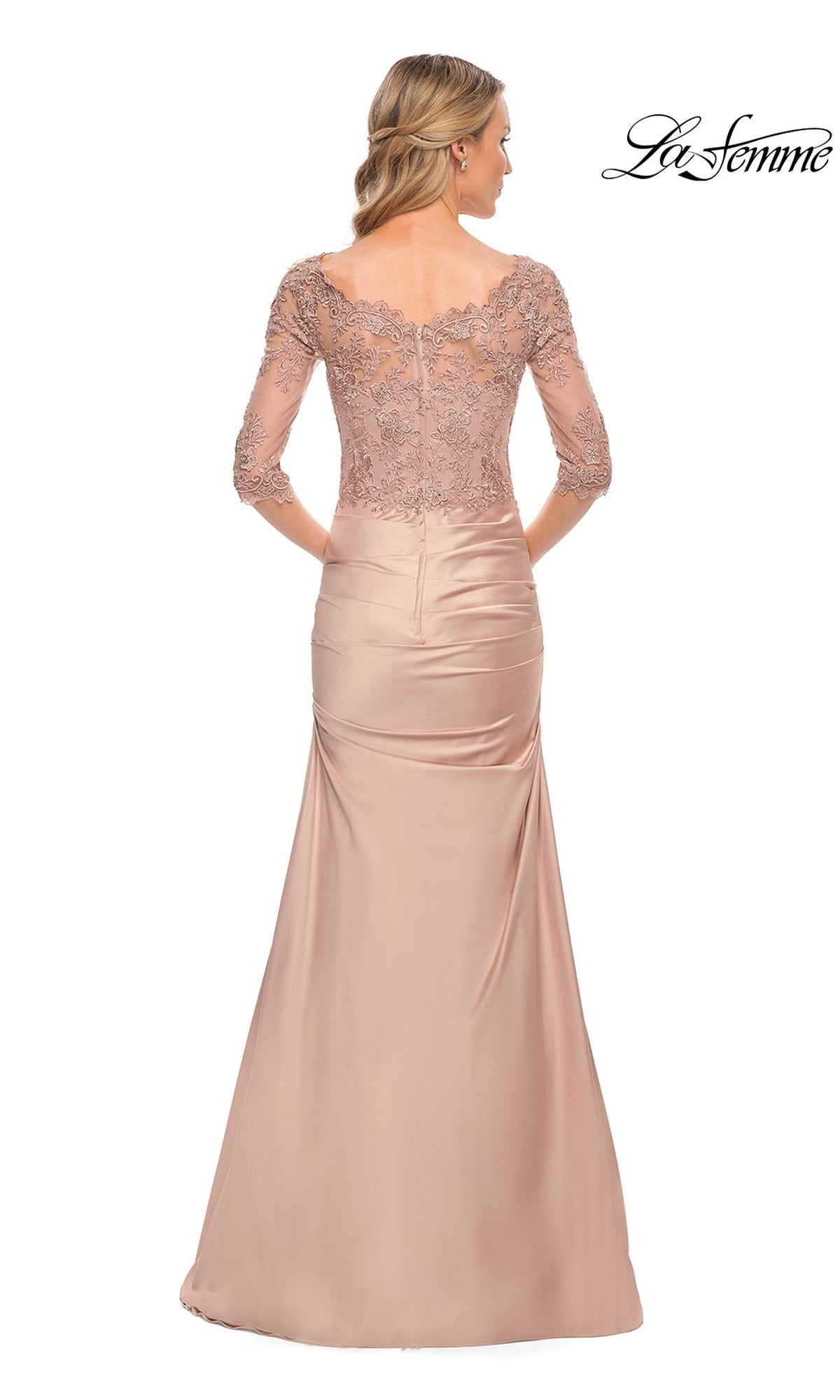 Mother-of-the-bride in the Long Formal Dress: La Femme 30162, blush-colored with a lace bodice and three-quarter sleeves, elegantly shown from the back.