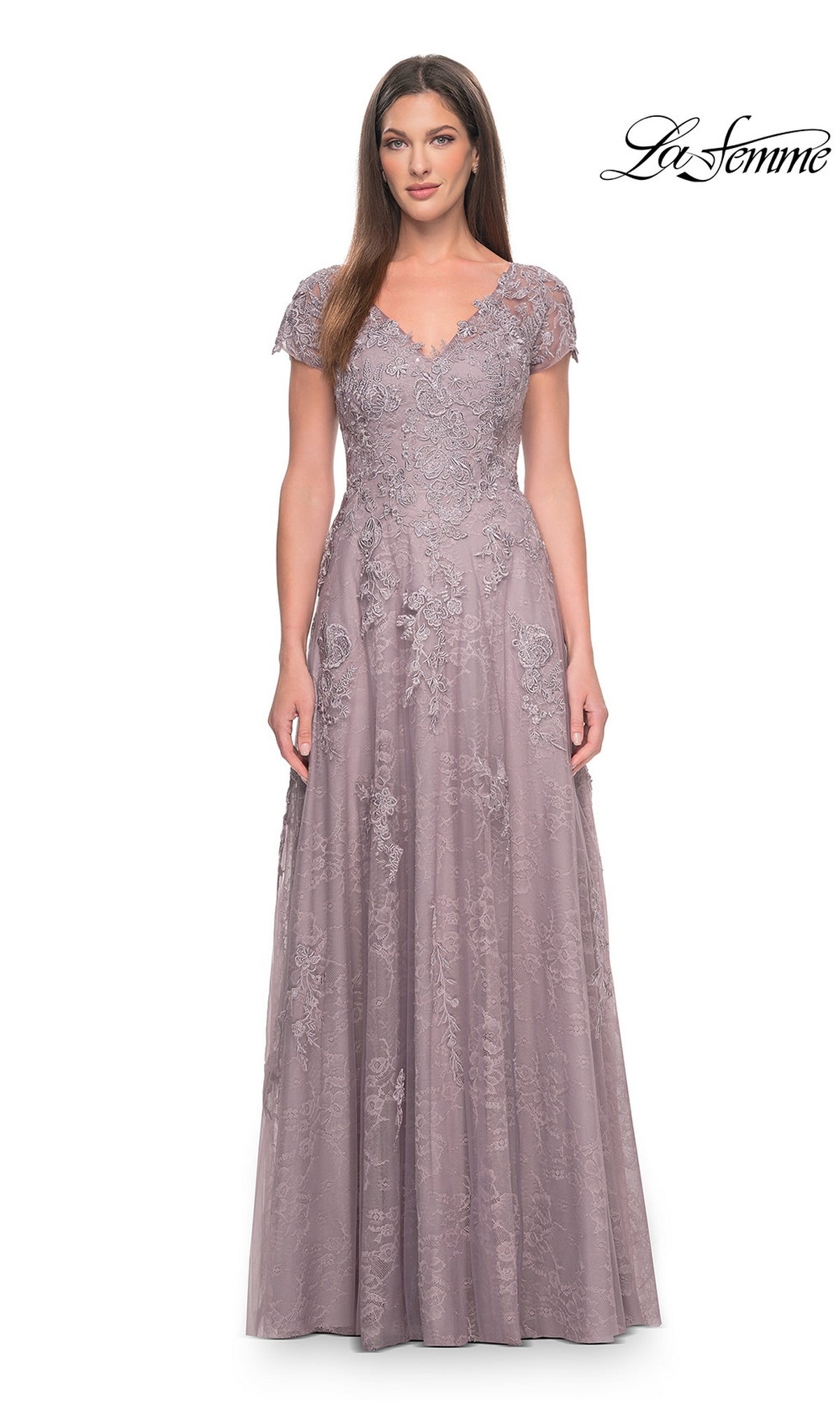 Long Formal Dress: La Femme 30168 in dusty lilac with an A-line silhouette, V-neck, cap sleeves, and a floral lace overlay.