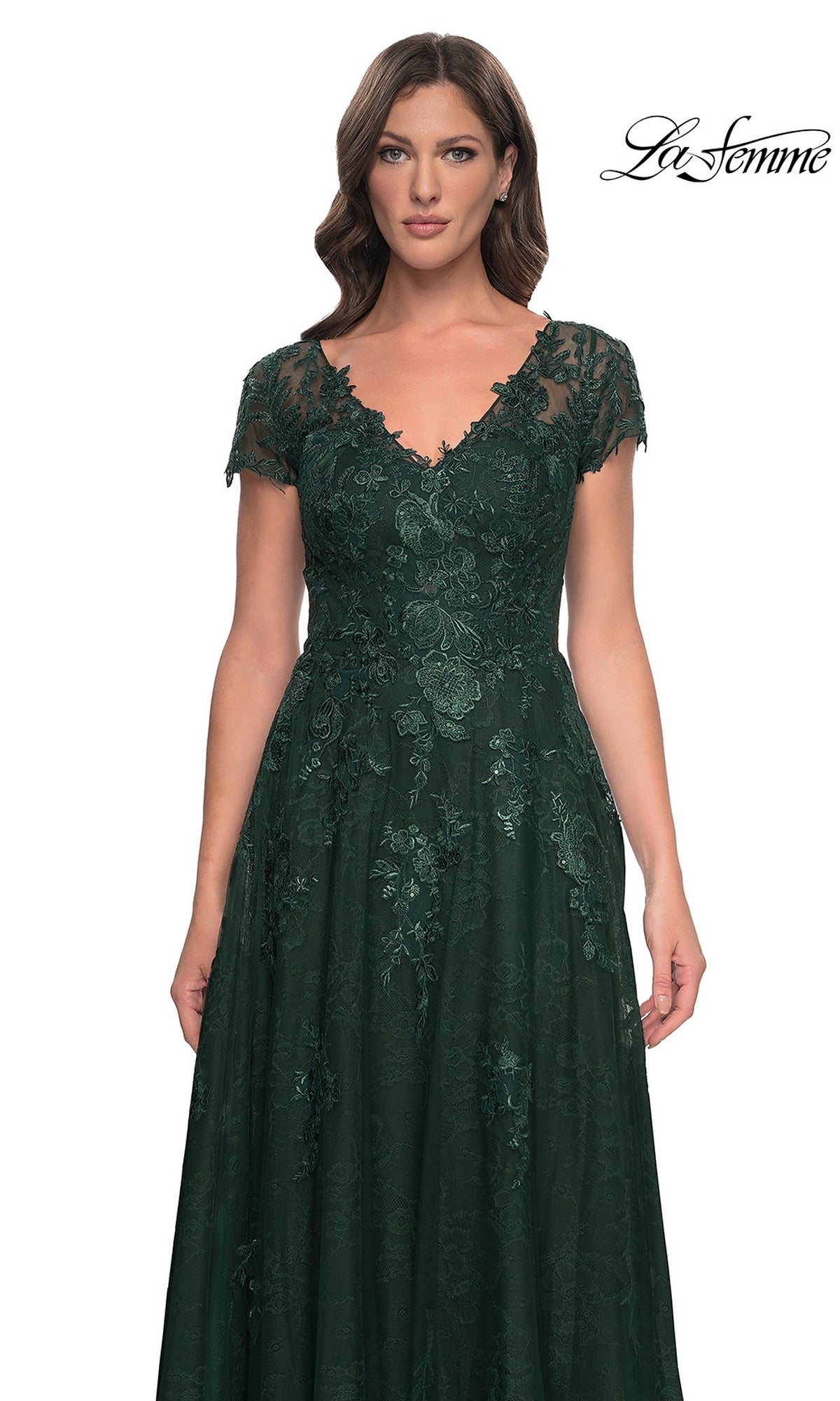 La Femme 30168 formal dress in dark green, featuring a V-neckline, short sleeves, an A-line silhouette, and all-over floral lace embroidery.