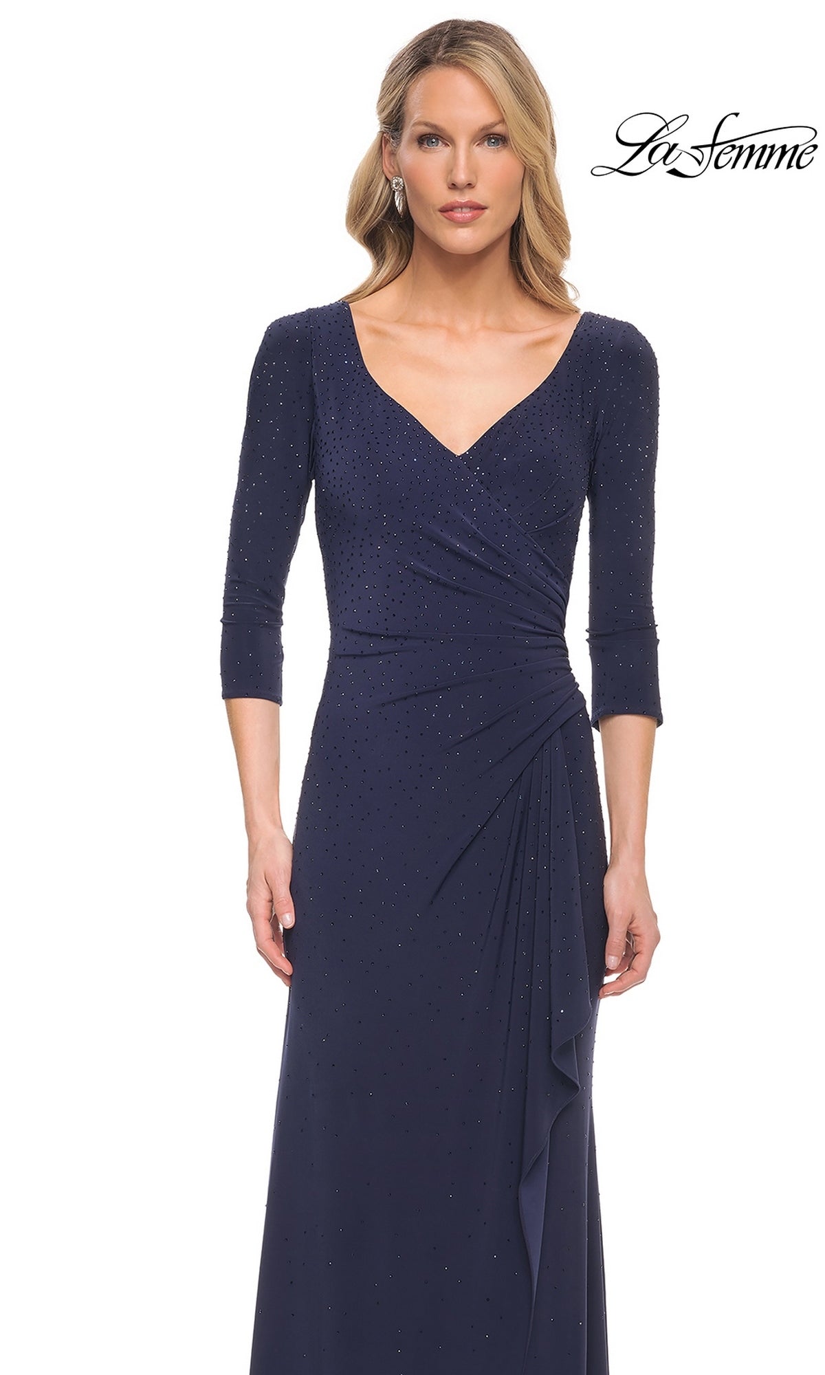 La Femme 30177 navy blue, three-quarter sleeve, V-neck beaded jersey dress with a gathered waist and scattered rhinestone embellishments.