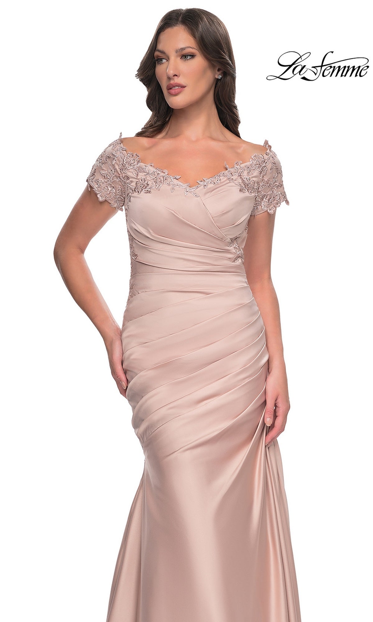 La Femme 30199 light pink, off-the-shoulder, floor-length mermaid gown featuring lace cap sleeves and a ruched bodice.