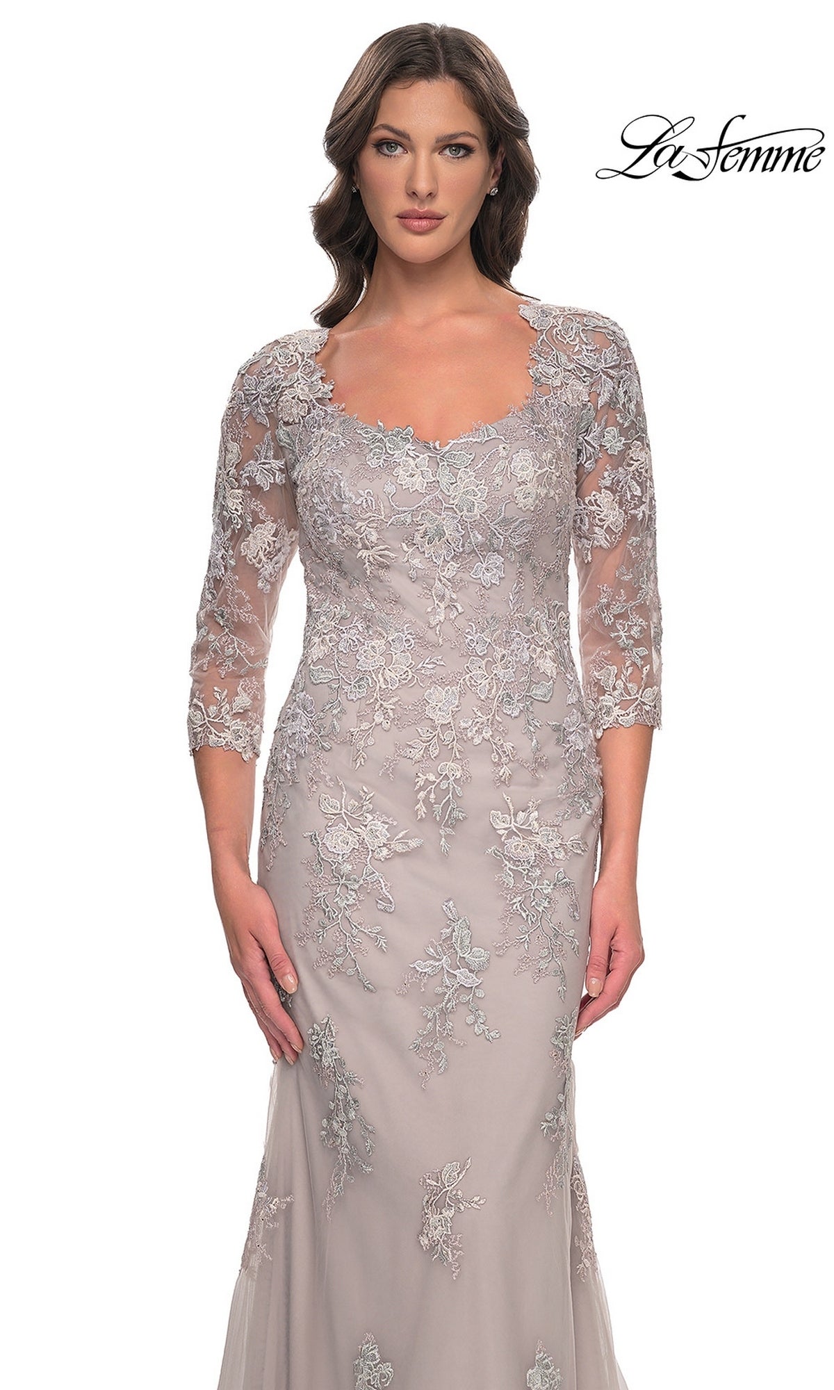 La Femme 30200 long formal dress in dusty lilac featuring a scoop neckline, three-quarter length sleeves, and intricate floral lace appliques on a floor-length silhouette.