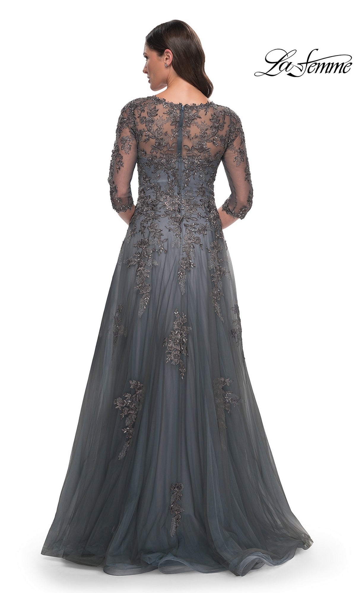Back view of the floor-length grey La Femme 30201 mother of the bride gown, featuring three-quarter sleeves and floral lace appliques.