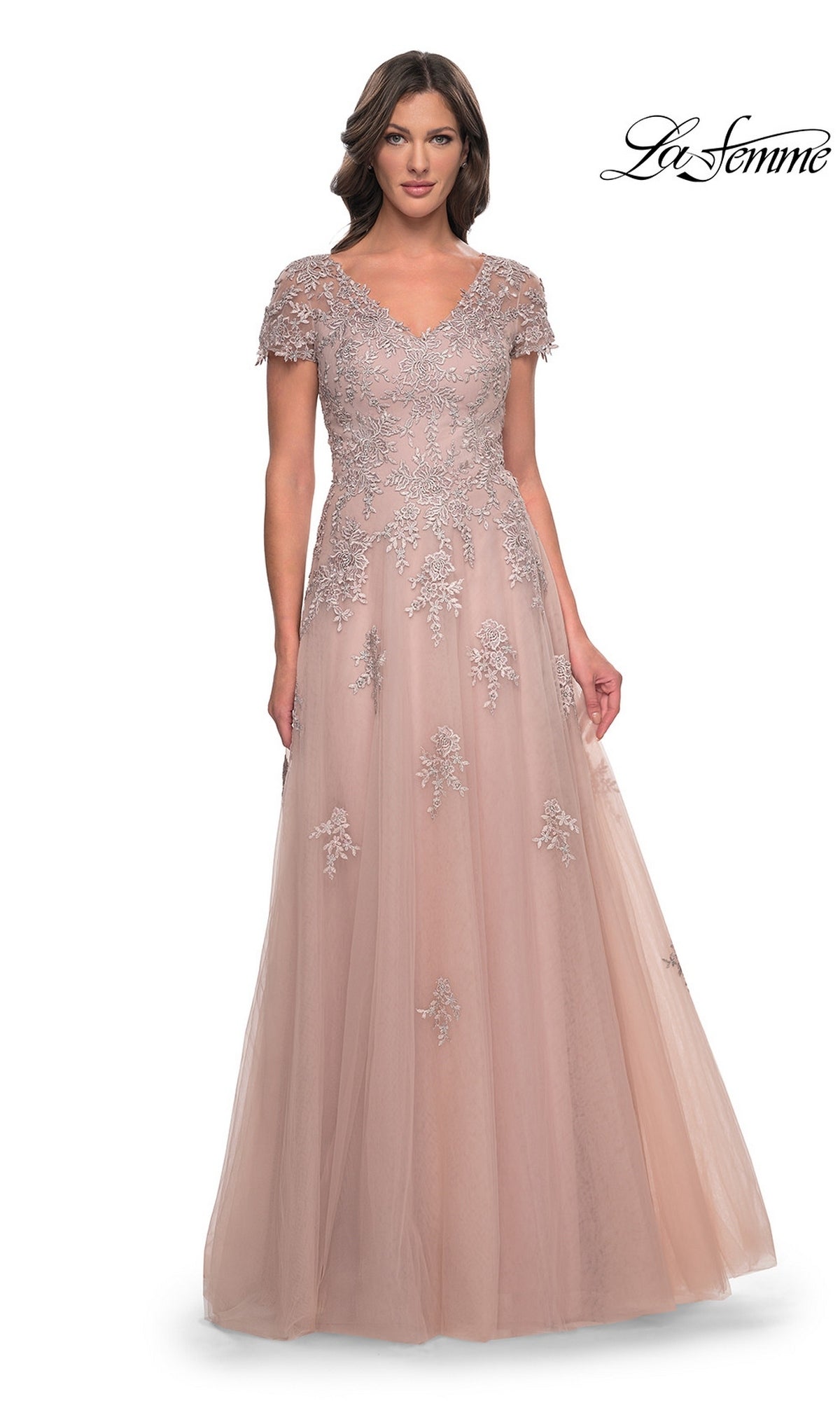La Femme 30228 mauve floor-length A-line lace formal dress with short sleeves, intricate floral embroidery on the bodice, and a tulle evening gown skirt.