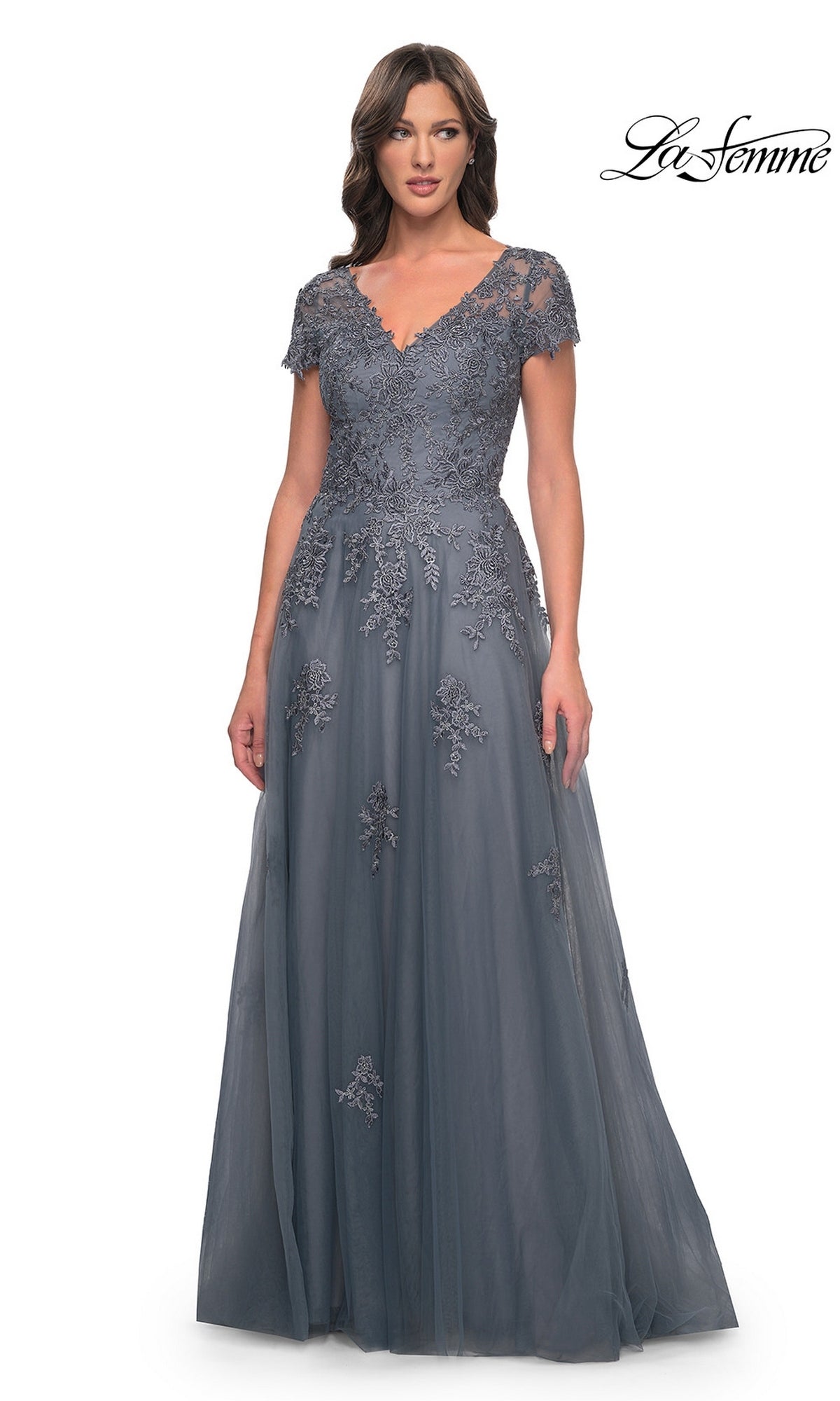 La Femme 30228 charcoal grey long formal dress featuring a V-neckline, cap sleeves, and lace appliquรฉ detailing on the bodice and skirt.