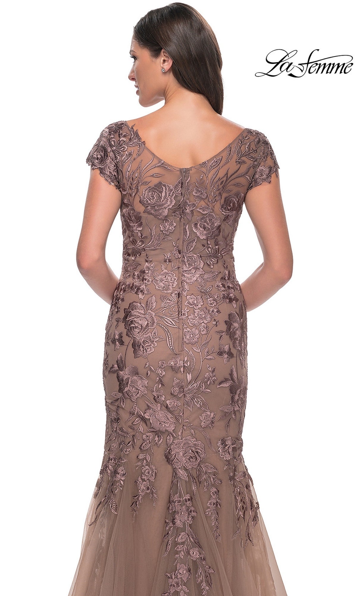 Back view of the Long Formal Dress: La Femme 30269, a floor-length brown mermaid gown with cap sleeves, a v-neckline, and floral embroidery.