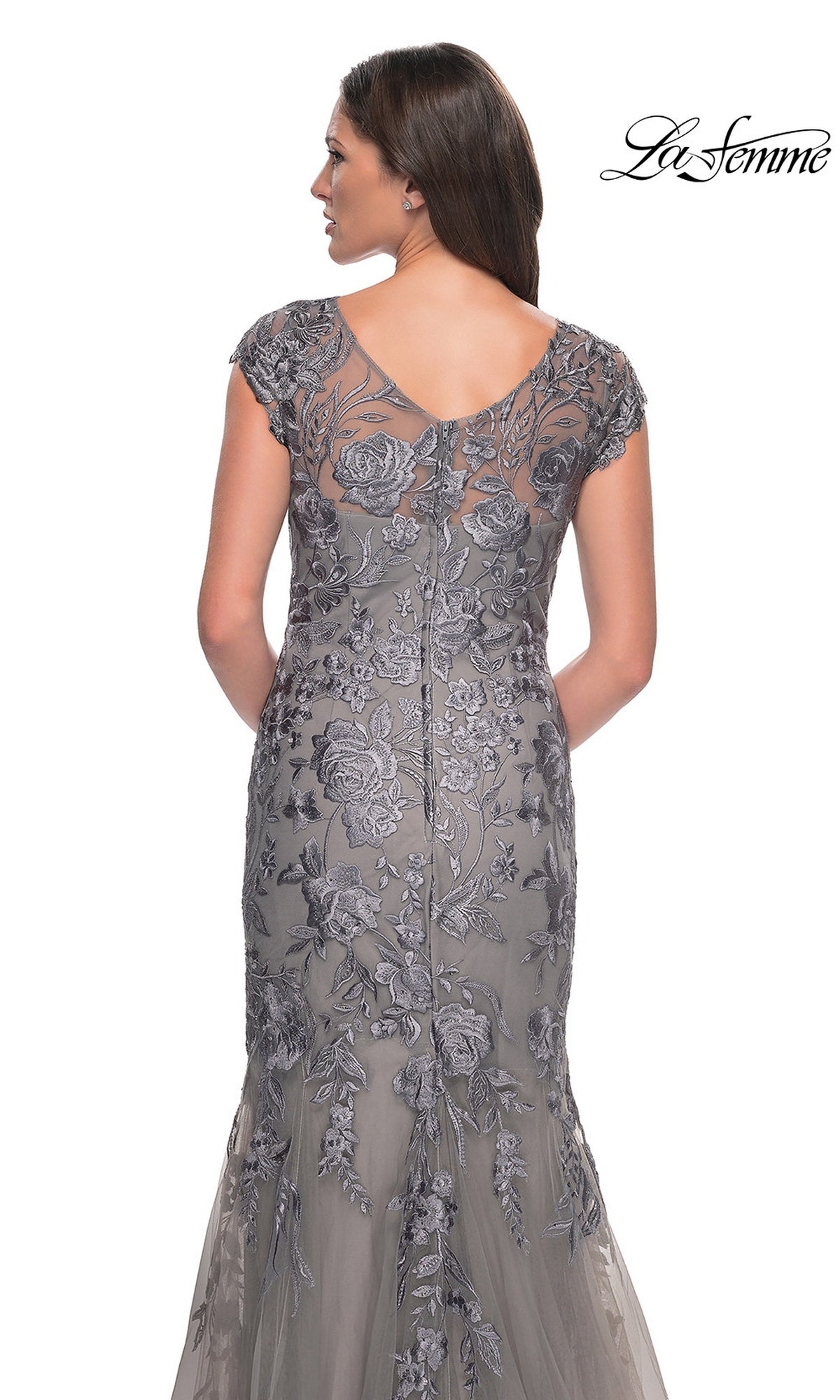 La Femme 30269 floor-length grey lace formal dress with a v-neckline, cap sleeves, and intricate floral embroidery.