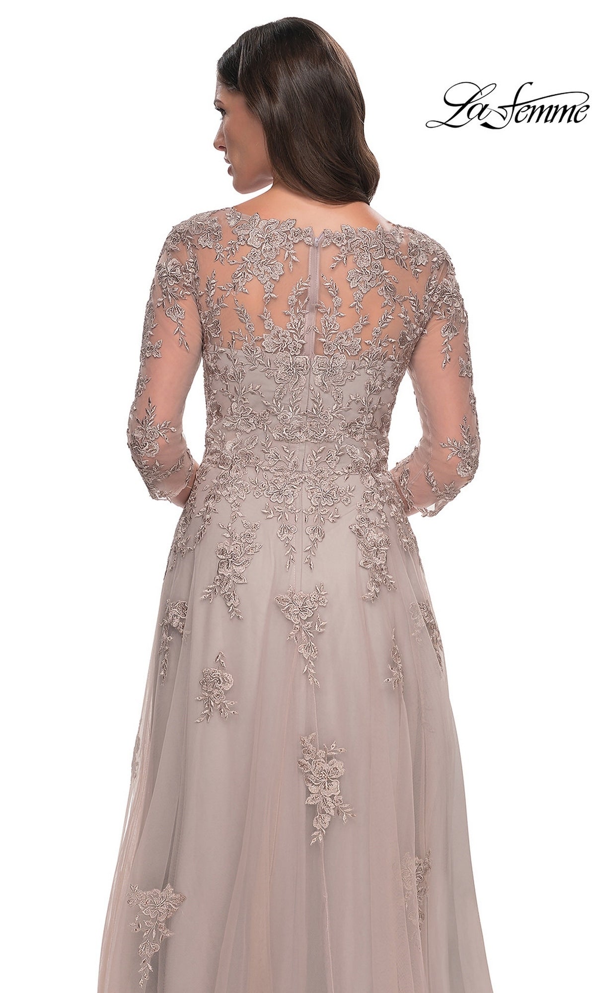 Back view of the Long Formal Dress: La Femme 30398, a floor-length A-line gown with three-quarter sleeves and a sheer bodice featuring floral lace overlays.