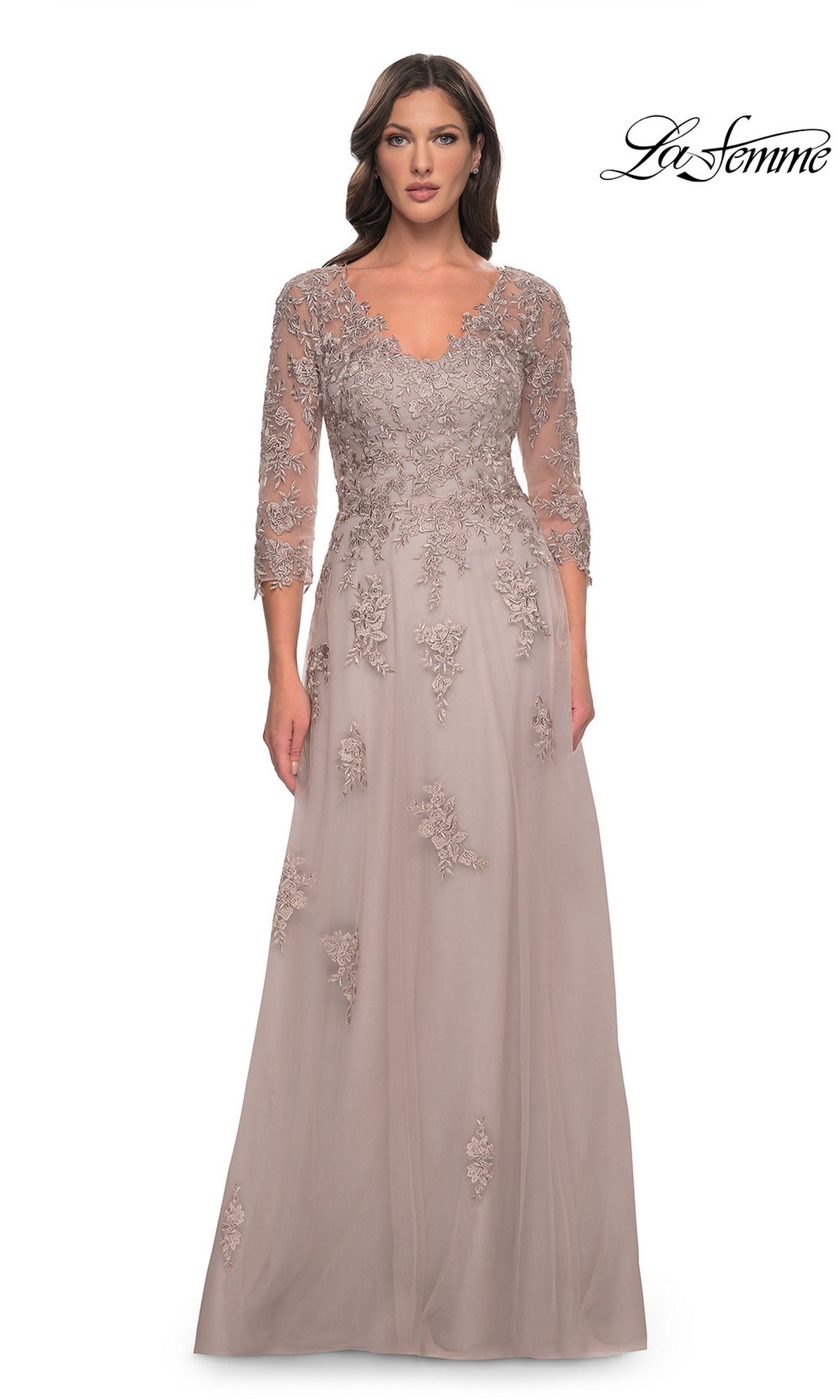 La Femme 30398 dusty mauve A-line formal dress with a V-neckline, three-quarter length sleeves, and intricate floral lace embroidery.