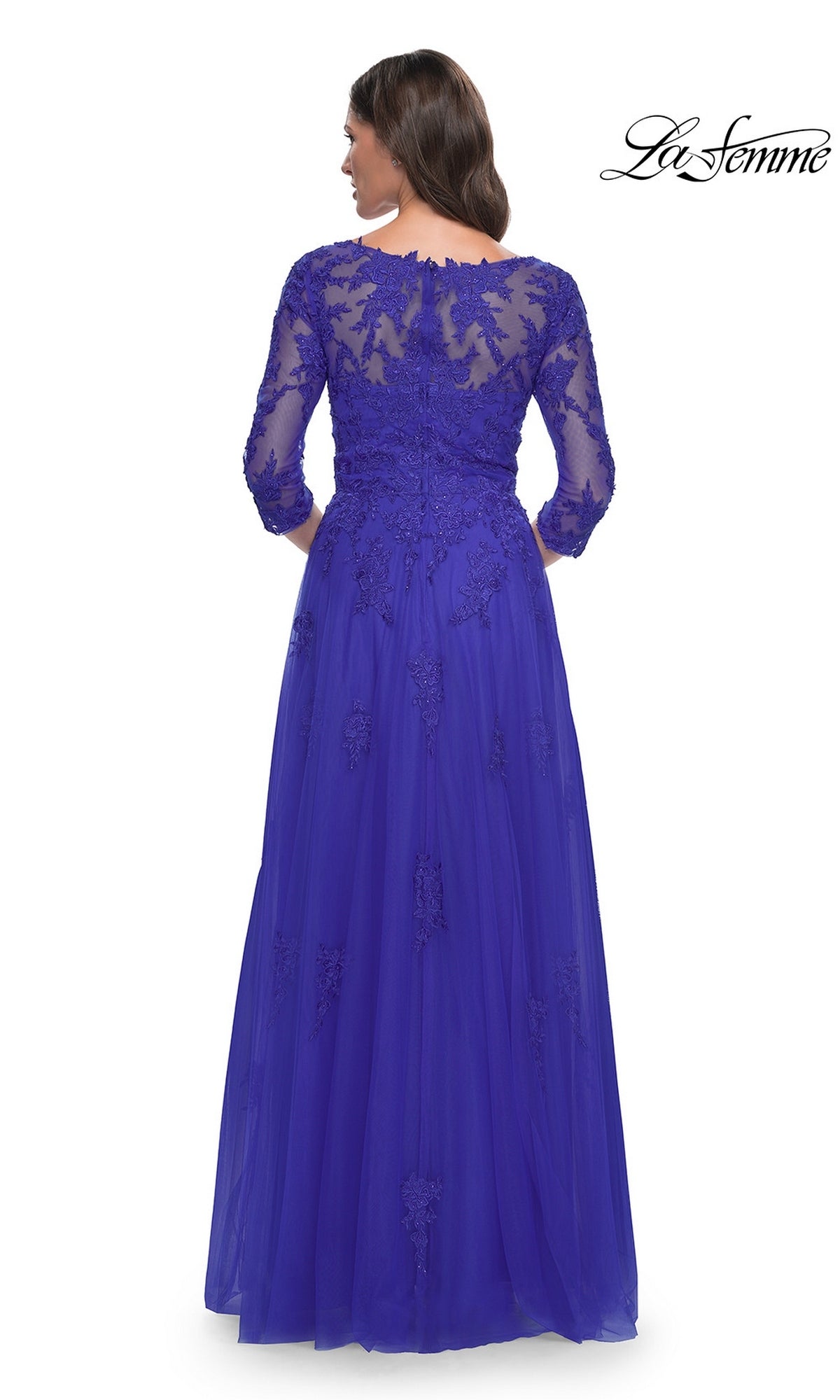Back view of a royal blue Long Formal Dress: La Femme 30398, featuring three-quarter sleeves and an embroidered A-line bodice.