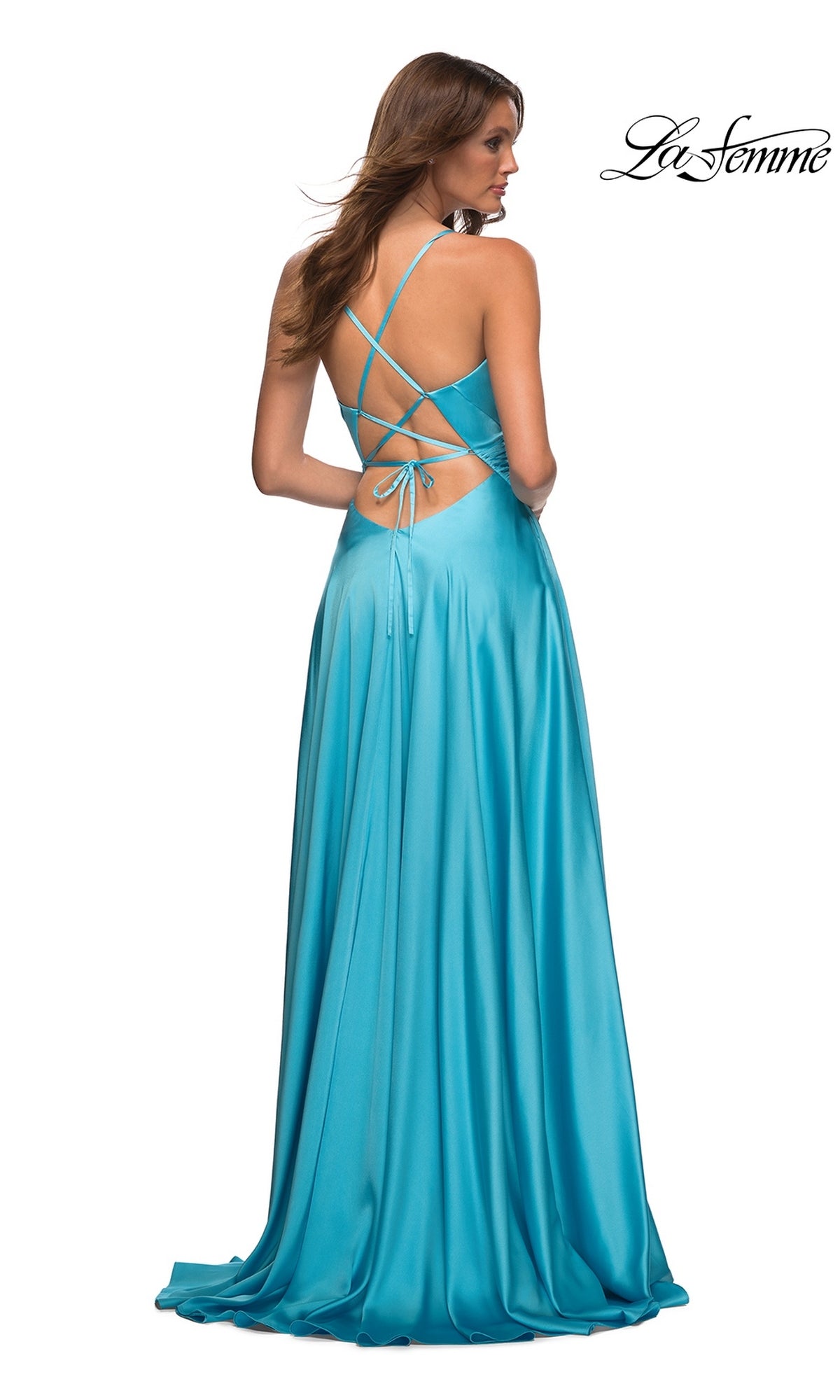 Back view of the bright blue satin La Femme 30662 A-line prom dress, featuring a floor-length silhouette, strappy open back, and lace-up detail.