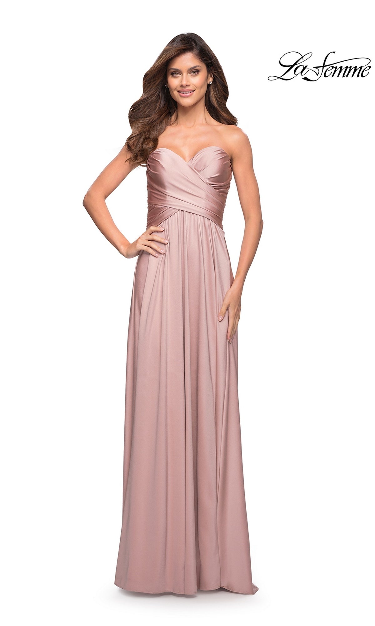 Woman in Long Prom Dress: La Femme 30700—strapless, dusty rose jersey with ruched bodice, sweetheart neckline, and high-leg slit. “La Femme” shown top right.