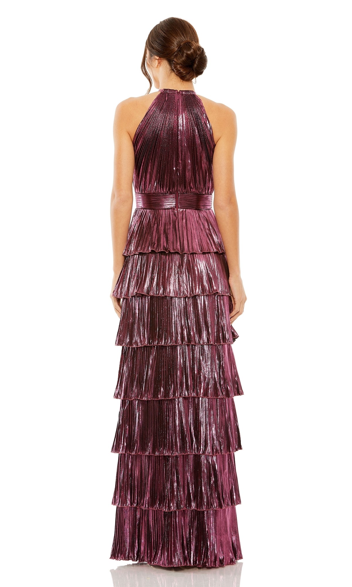 A woman with an elegant updo faces away, wearing the High-Neck Long Metallic Tiered Formal Dress 30763 in magenta, featuring a sleeveless design and multiple pleated floor-length ruffle tiers.