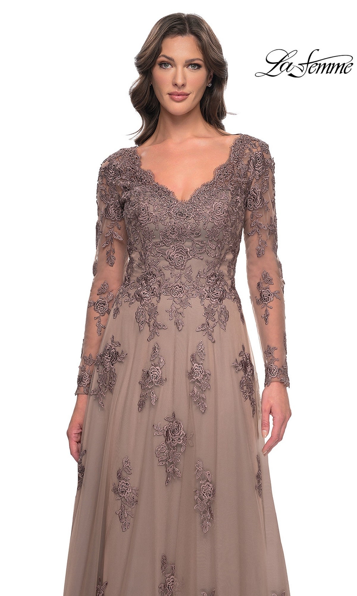 Long Formal Dress: La Femme 30795 featuring a mauve-colored formal gown with sheer sleeves and beaded lace appliques adorning the bodice and tulle A-line skirt.