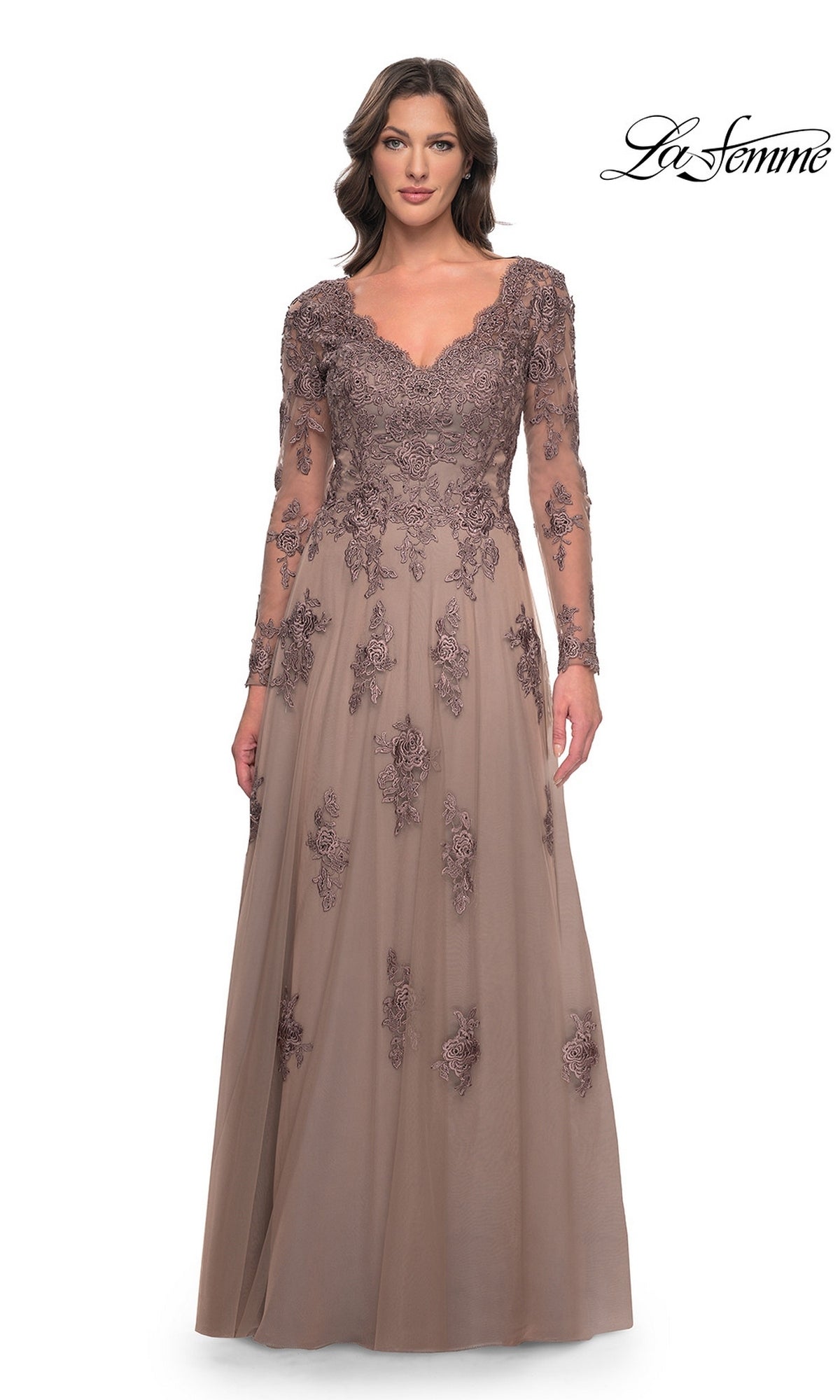A cocoa-colored Long Formal Dress: La Femme 30795 featuring a V-neckline, floral lace embroidery, and a flowing tulle A-line skirt.