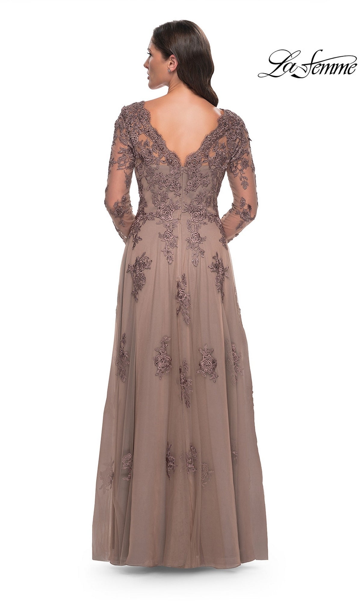 Back view of the Long Formal Dress: La Femme 30795, a taupe floor-length gown featuring a V-neckline, beaded lace applique sleeves, and floral embroidery cascading onto a tulle A-line skirt.