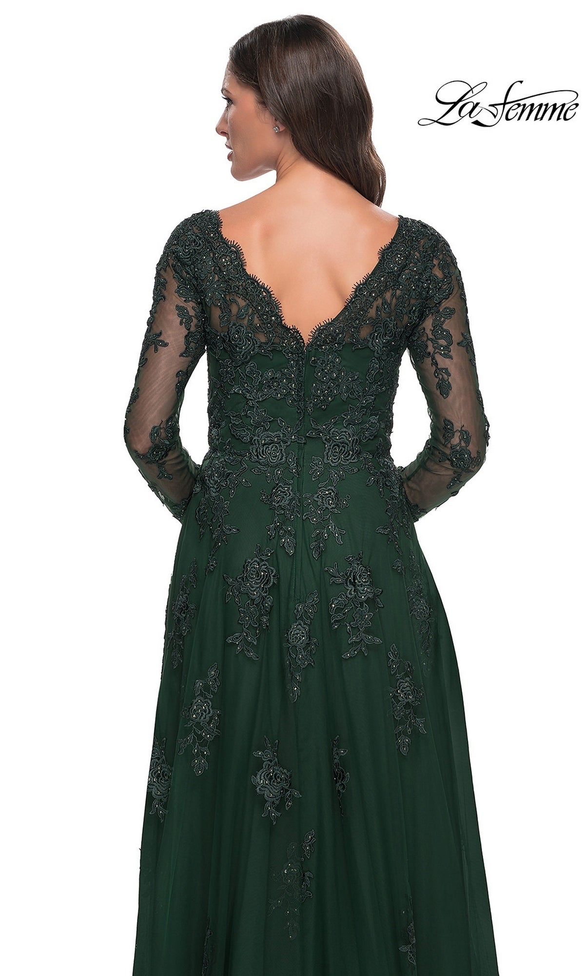 Back view of the Long Formal Dress: La Femme 30795, a dark green, long-sleeved gown with a V-neckline, beaded lace appliques, and a flowing tulle A-line skirt.