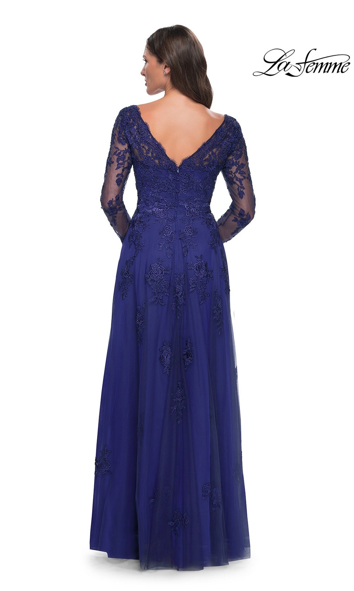 Back view of the Long Formal Dress: La Femme 30795, a floor-length navy blue gown featuring beaded lace appliques, long lace sleeves, and a V-neckline.