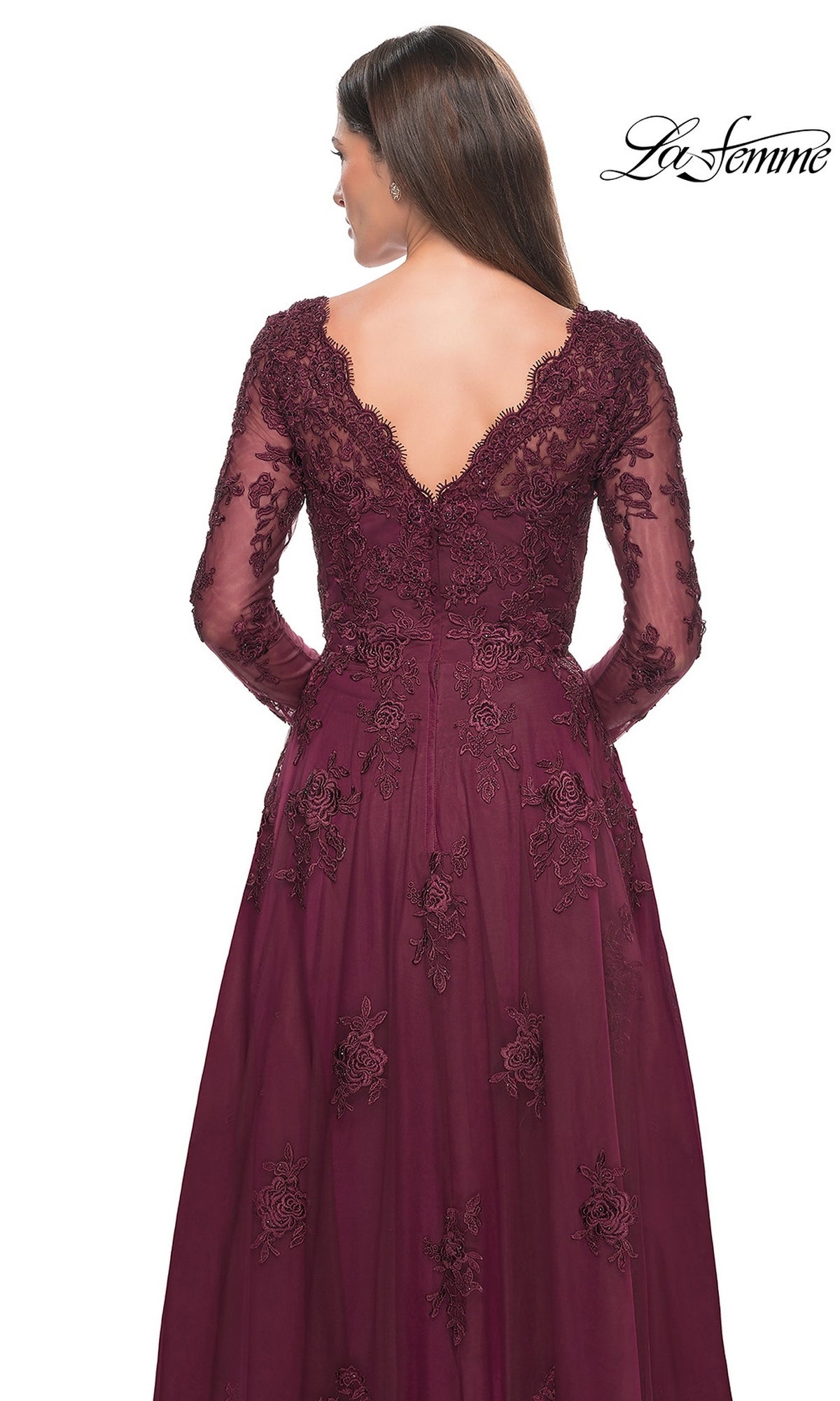 Back view of the Long Formal Dress: La Femme 30795, a burgundy V-neck gown featuring beaded lace appliques on the bodice and sleeves with a flowing tulle A-line skirt.
