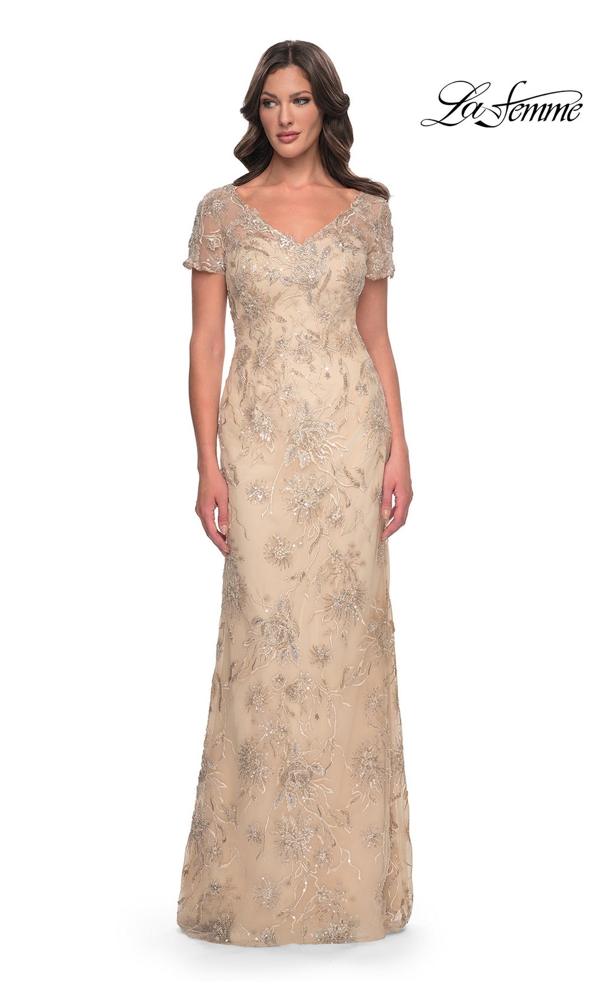 Long Formal Dress: La Femme 30798 in light gold, a floor-length beaded gown with short sleeves, a V-neckline, and all-over floral embroidery.