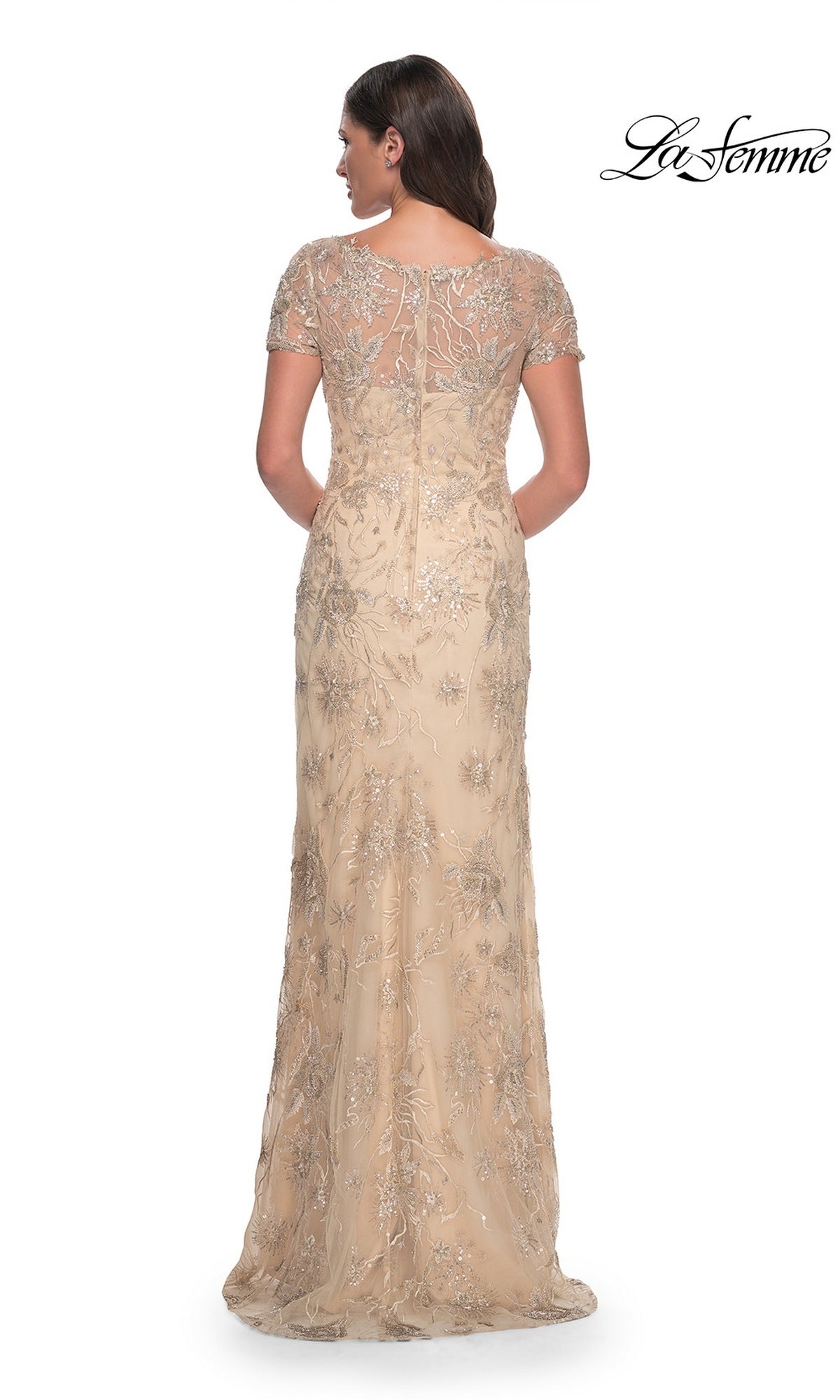 Long Formal Dress: La Femme 30798, a floor-length, short-sleeved V-neck formal gown in a neutral tone with an embroidered floral overlay.