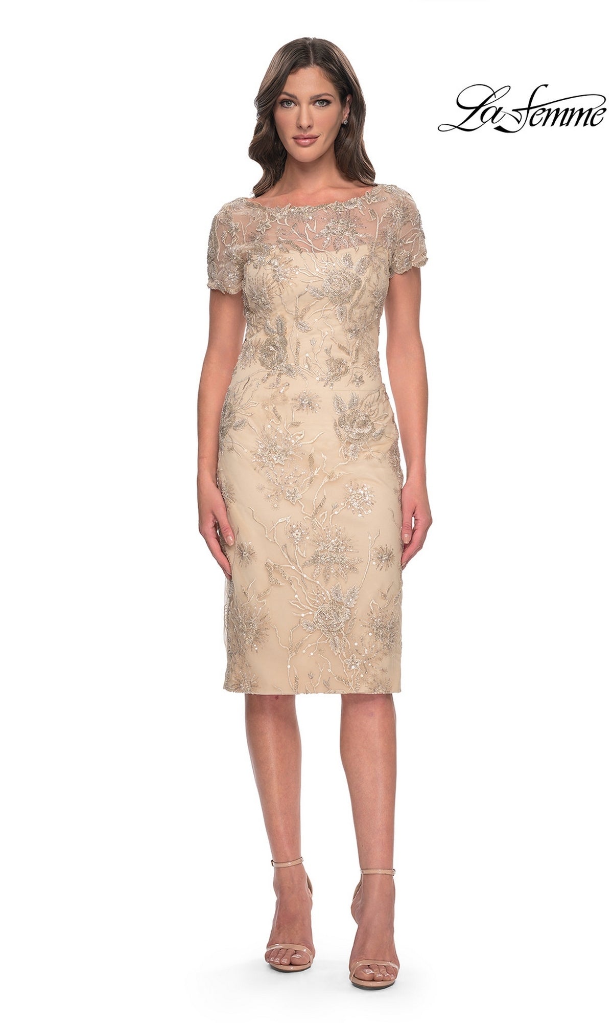 Knee-length champagne La Femme 30801 wedding guest dress with short sleeves and floral lace applique.