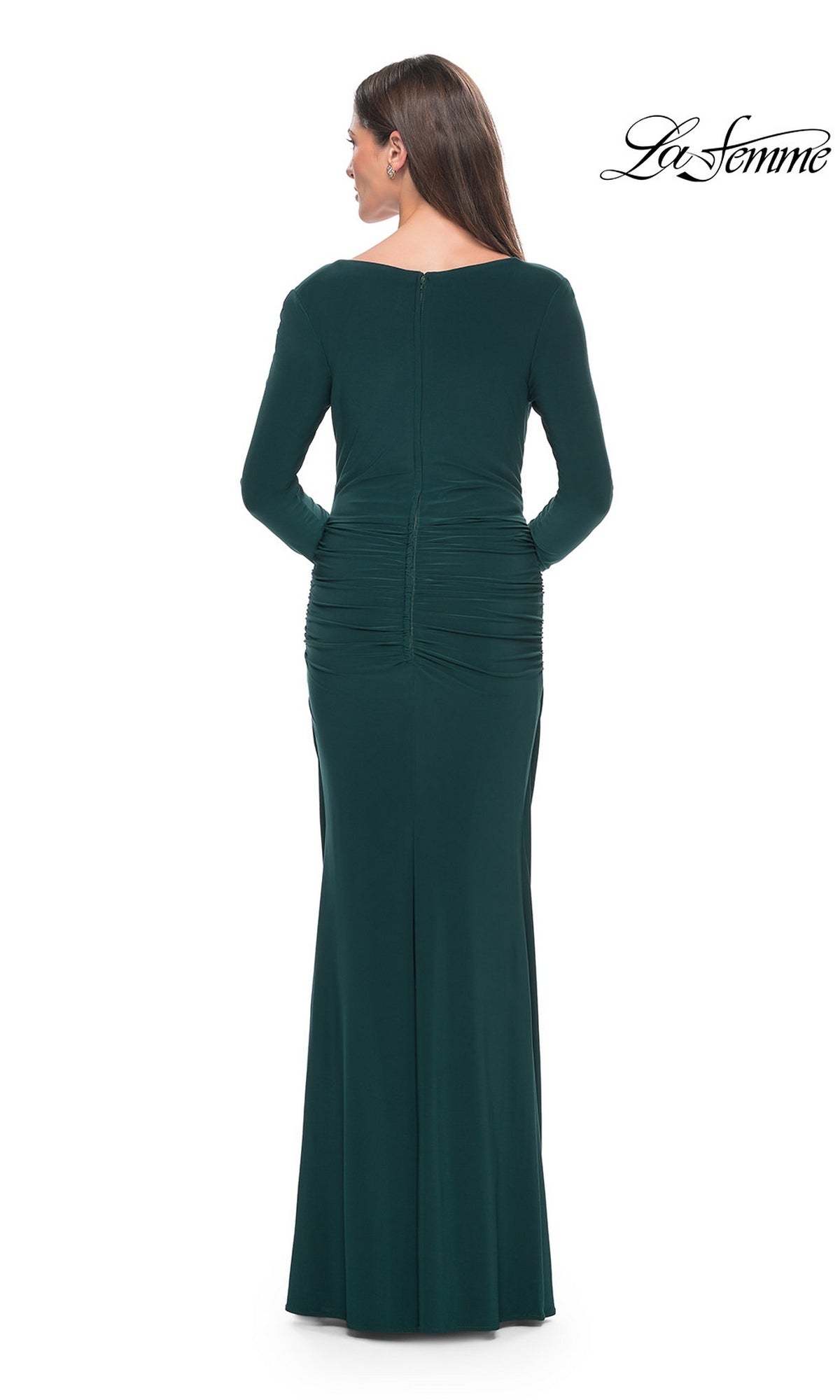 Back view of a woman wearing the dark green, floor-length, long-sleeve Long Formal Dress: La Femme 30813 with a gathered waist.