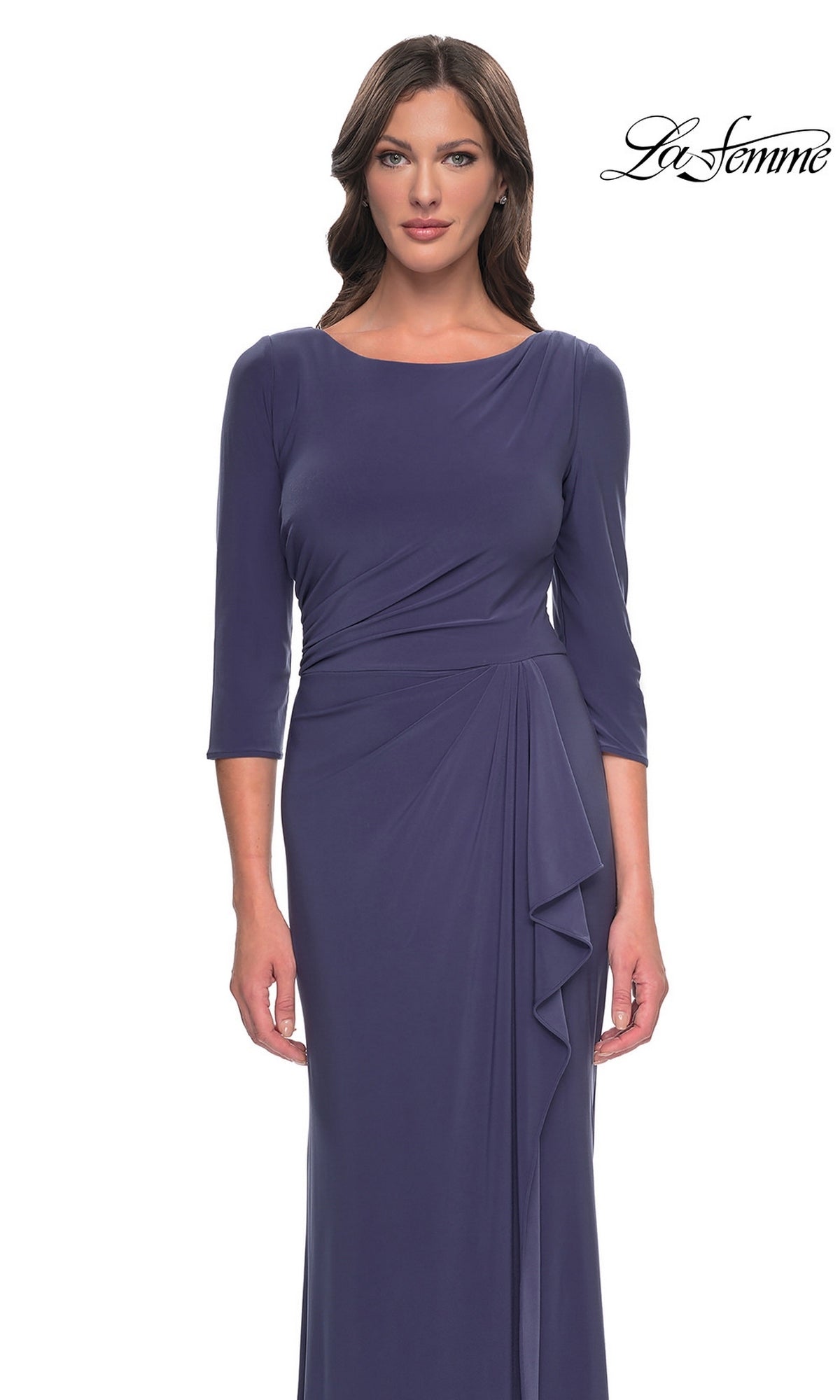 La Femme 30814 smoky blue floor-length formal dress featuring three-quarter sleeves, a boat neckline, and draped side detail.