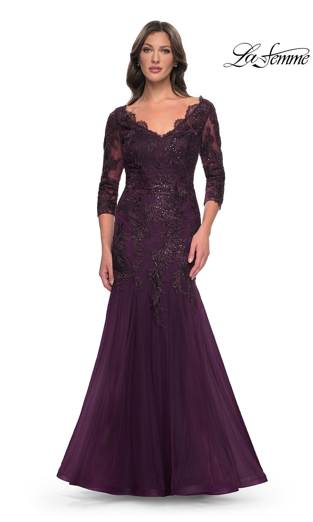 La Femme 30823 dark berry floor-length mermaid dress with a V-neckline, three-quarter length sleeves, and intricate beaded lace embroidery, perfect for formal evening weddings.
