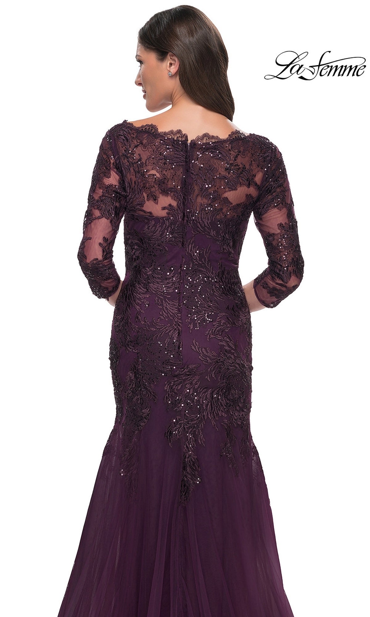 Back view of the Long Formal Dress: La Femme 30823, a modest dark purple lace mermaid dress with floor-length styling, three-quarter sleeves, and beaded details.