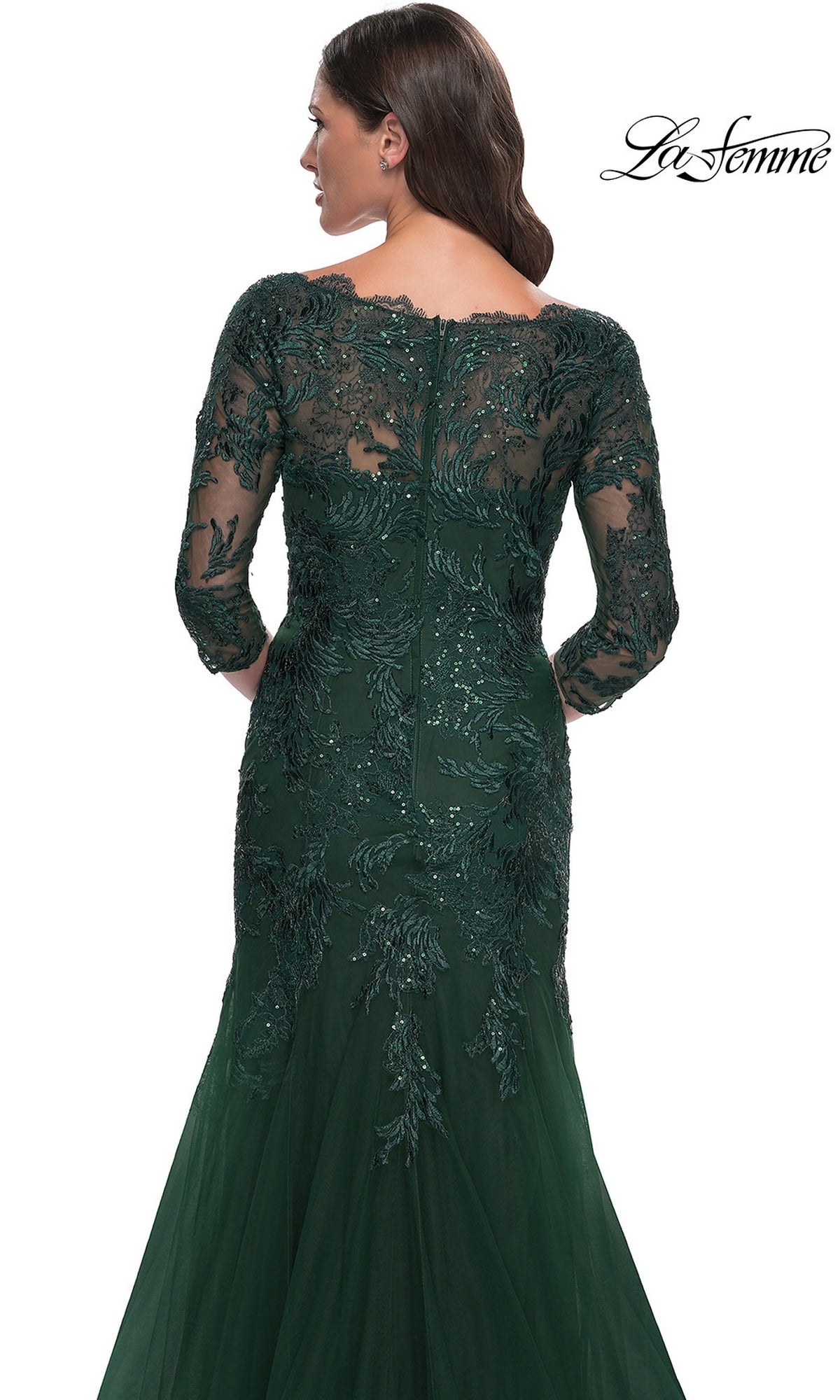 Back view of the Long Formal Dress: La Femme 30823, a dark green modest mermaid gown with three-quarter sleeves and an intricate embroidered sheer overlay with sequins.