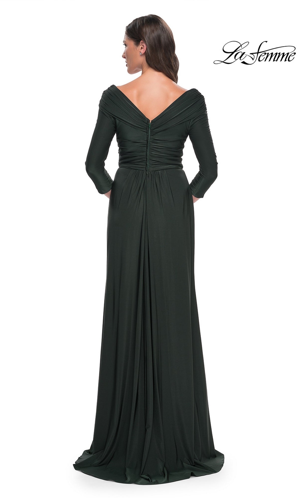 Back view of a woman wearing a dark green, floor-length Long Formal Dress: La Femme 30845 with three-quarter sleeves and an off-the-shoulder neckline.