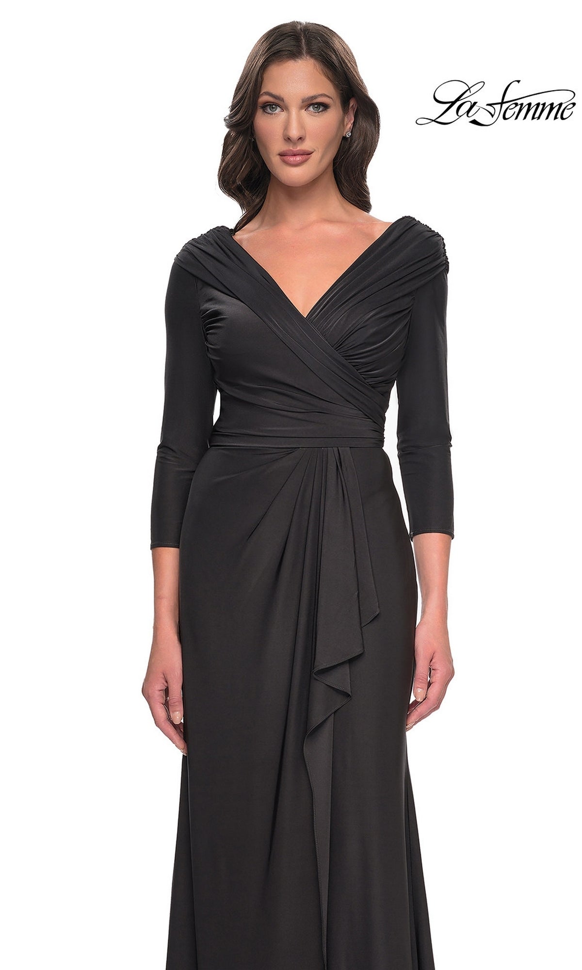 A long, black La Femme 30845 jersey formal dress with a V-neckline, draped bodice, and three-quarter length sleeves.