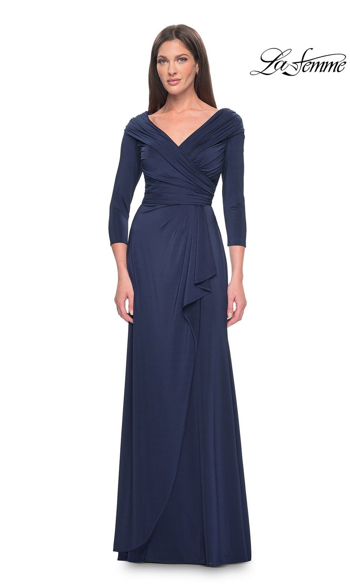 Long Formal Dress: La Femme 30845 in navy blue, featuring a floor-length jersey design with three-quarter sleeves, a V-neckline, and a ruched bodice.